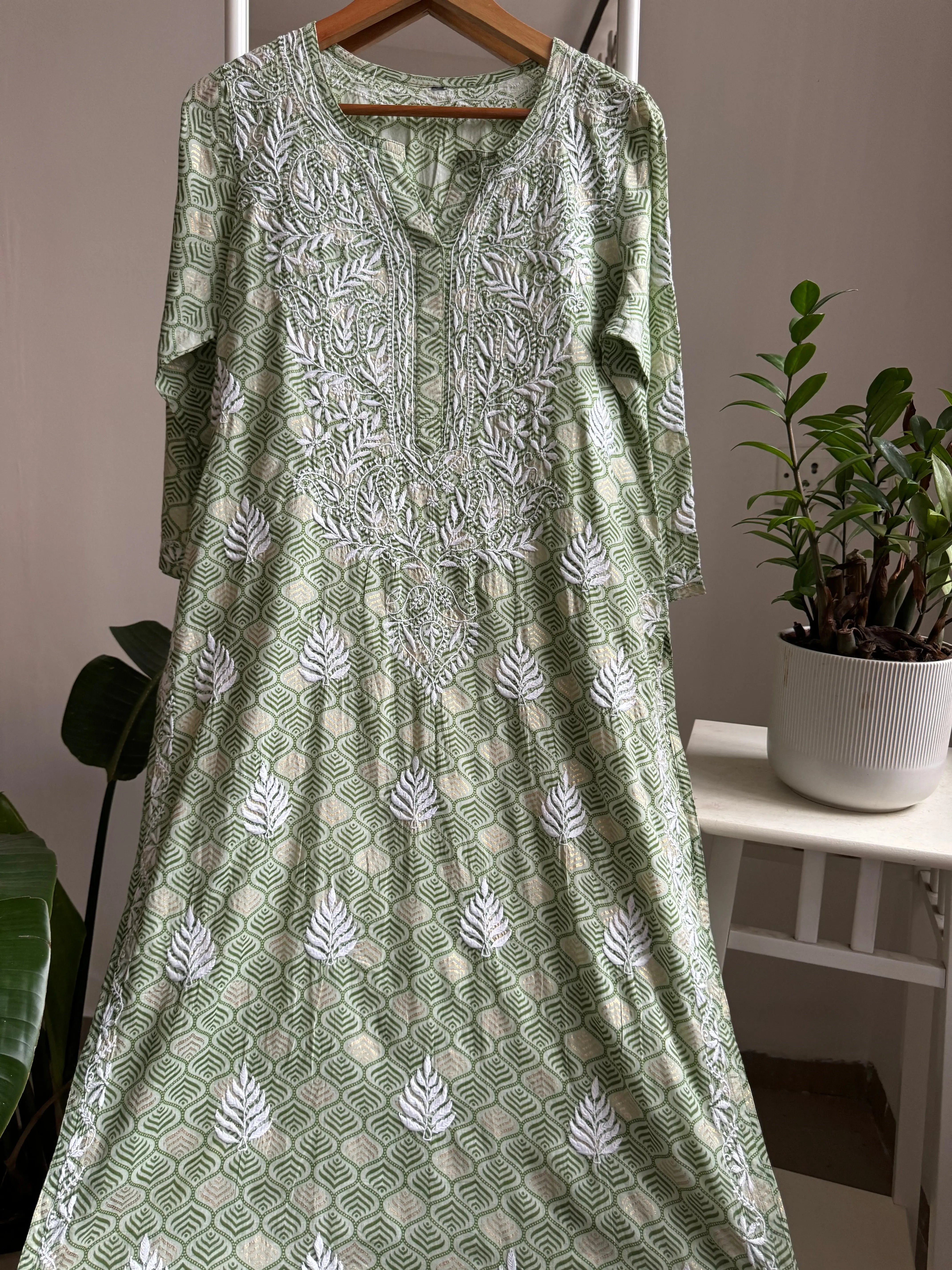 Mul Cotton Printed Chikankari Kurti - Green ARIAA CHIKANKARI