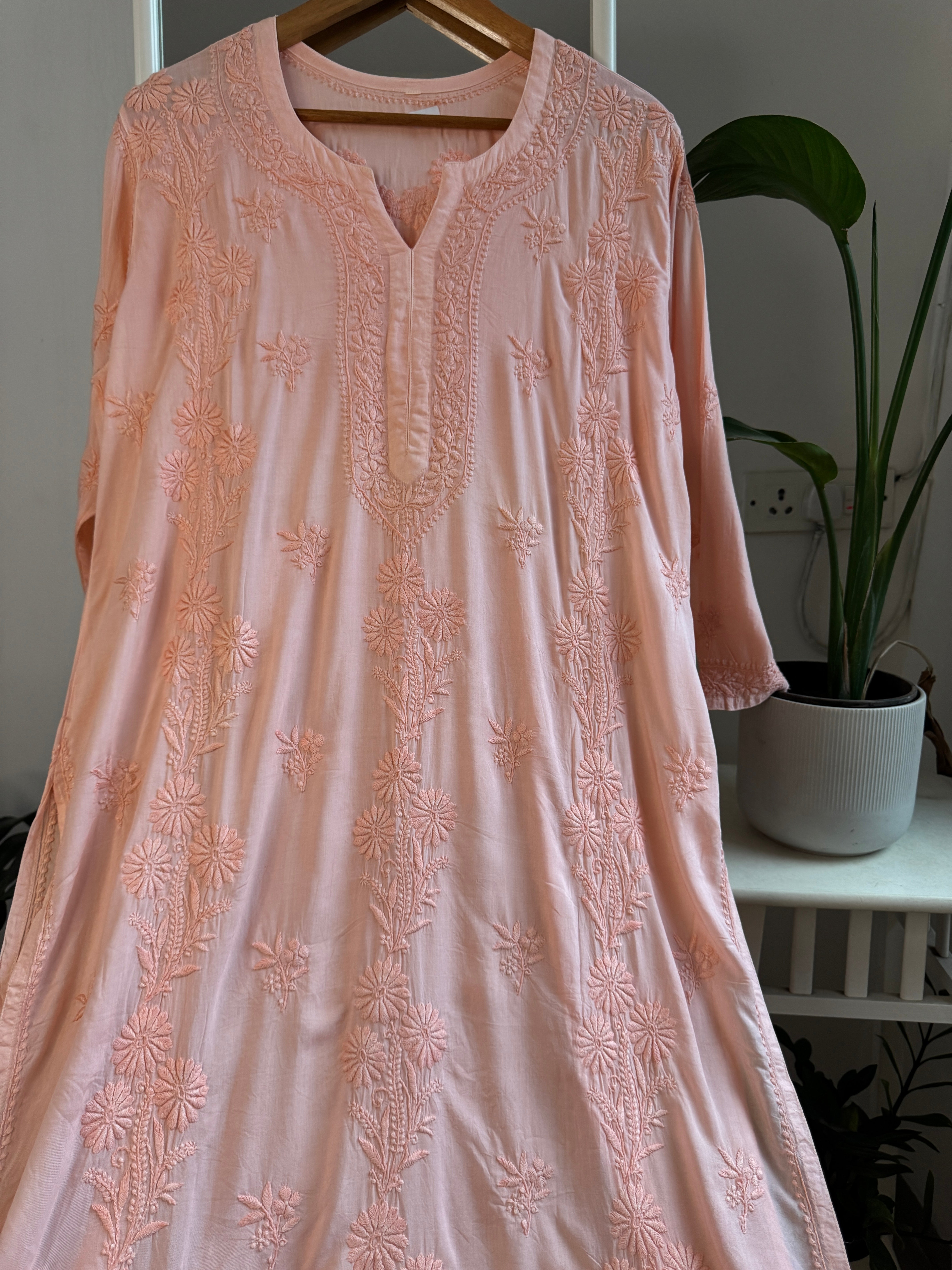 Premium Modal Chikankari Cotton Kurti - Peach-Noor Collection ARIAA CHIKANKARI
