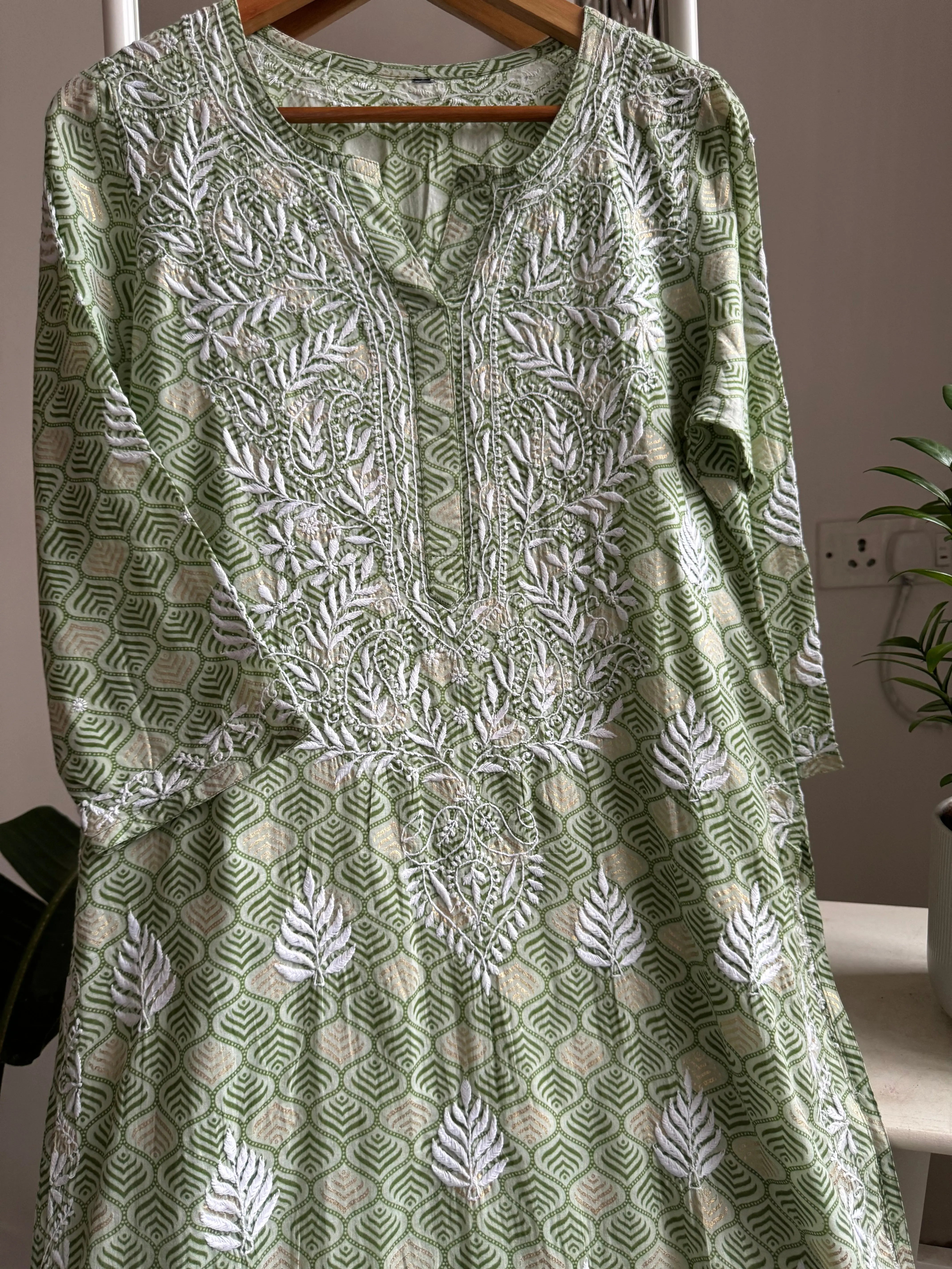 Mul Cotton Printed Chikankari Kurti - Green ARIAA CHIKANKARI