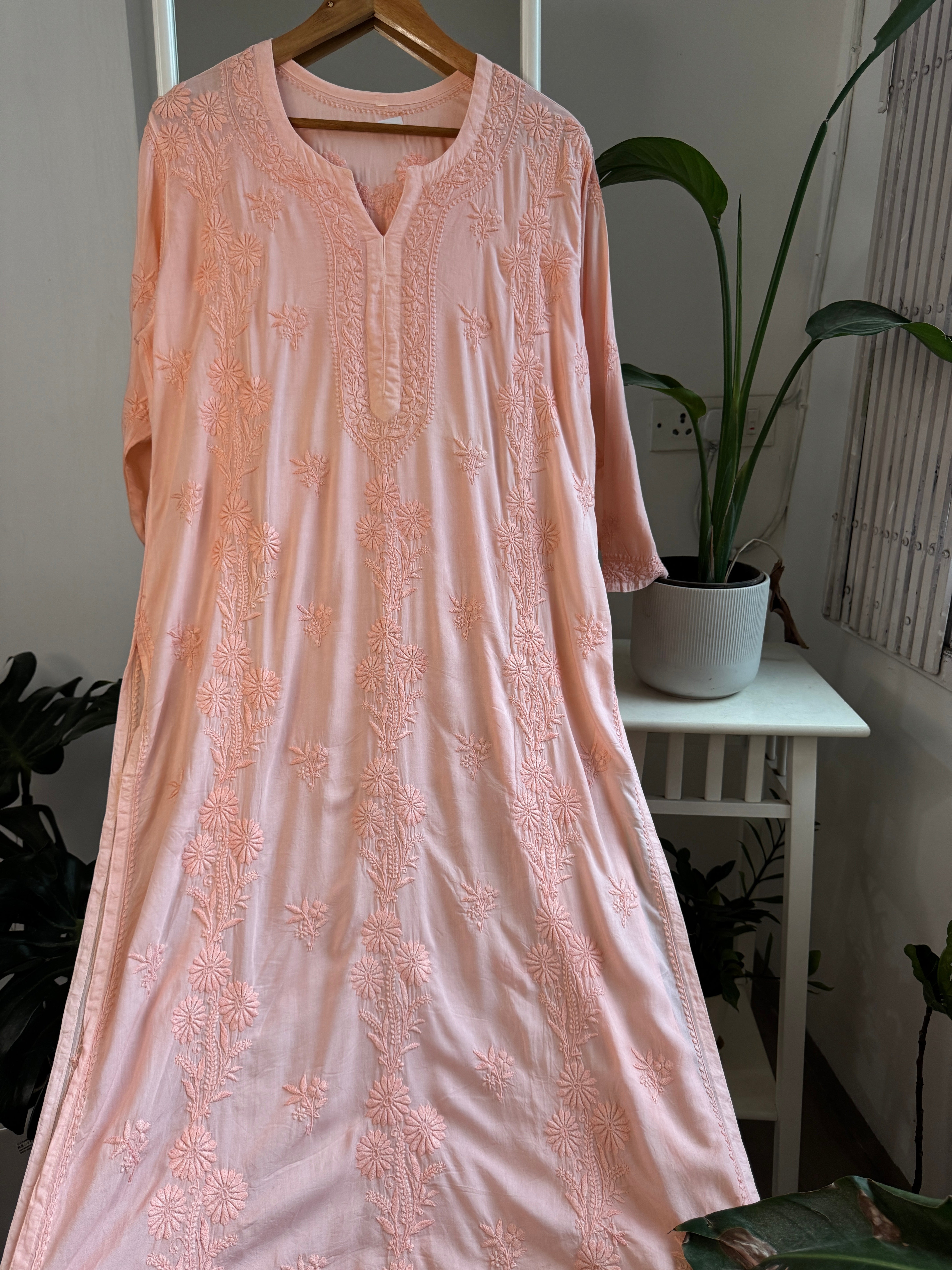 Premium Modal Chikankari Cotton Kurti - Peach-Noor Collection ARIAA CHIKANKARI