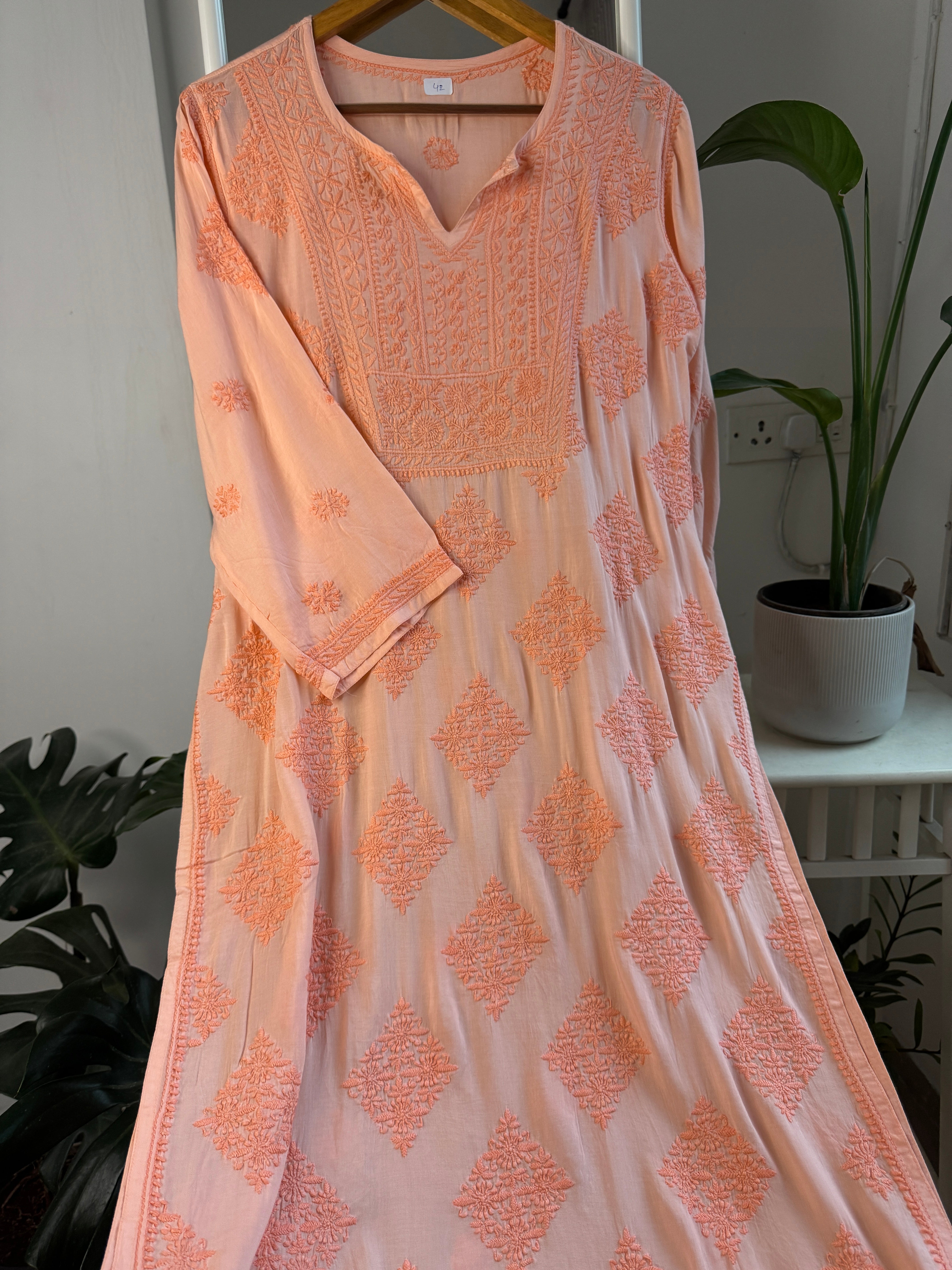 Premium Modal Chikankari Cotton Kurti - Orange ARIAA CHIKANKARI