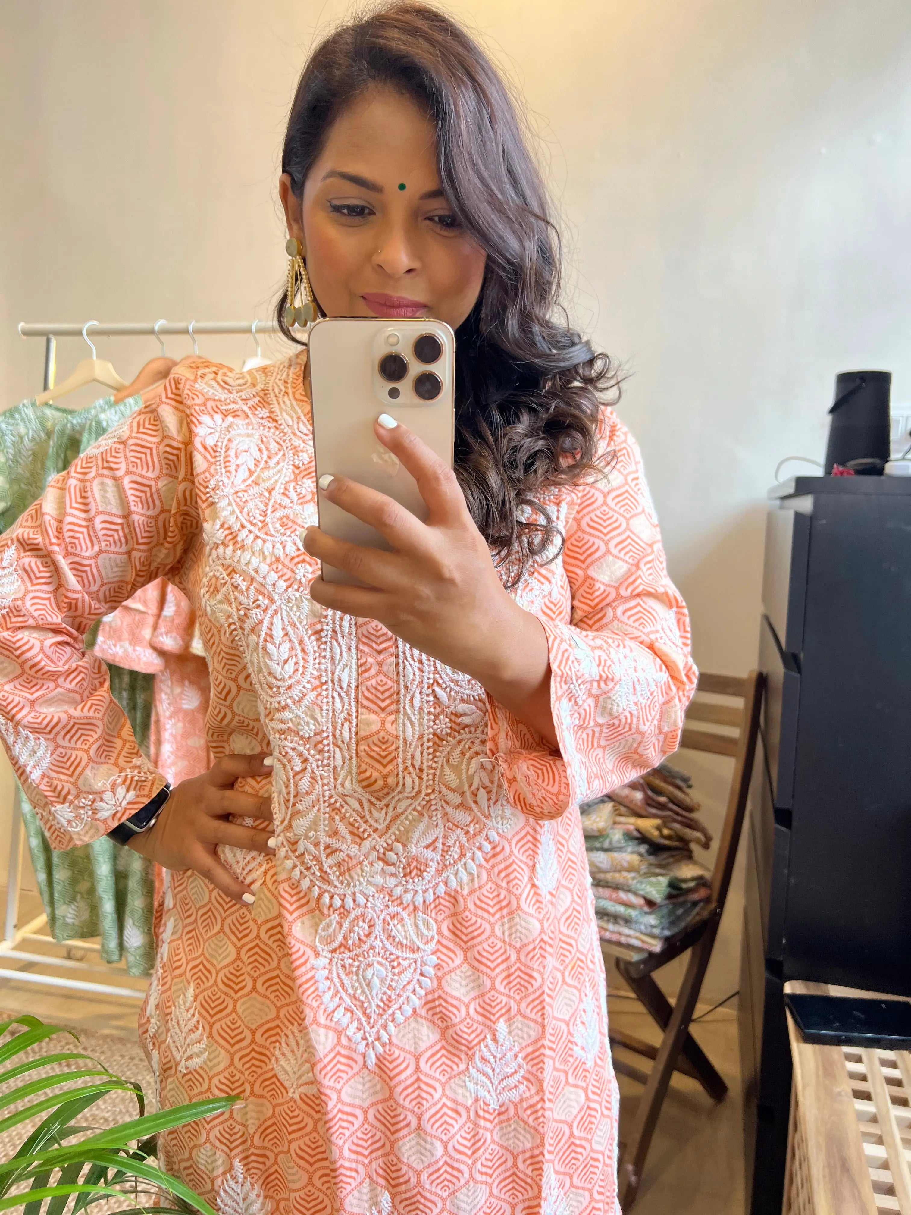Mul Cotton Printed Chikankari Kurti - Peach ARIAA CHIKANKARI