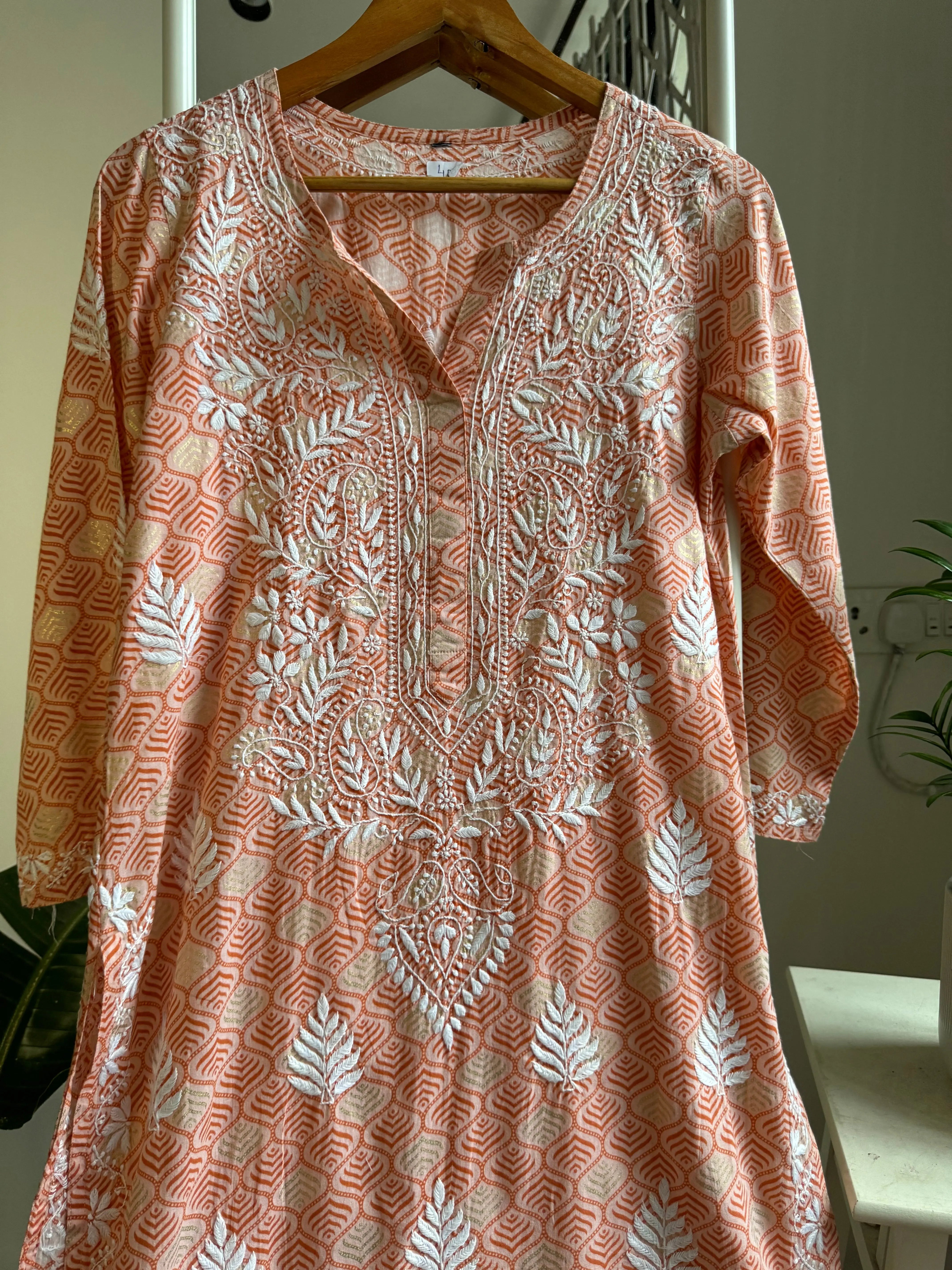 Mul Cotton Printed Chikankari Kurti - Peach ARIAA CHIKANKARI