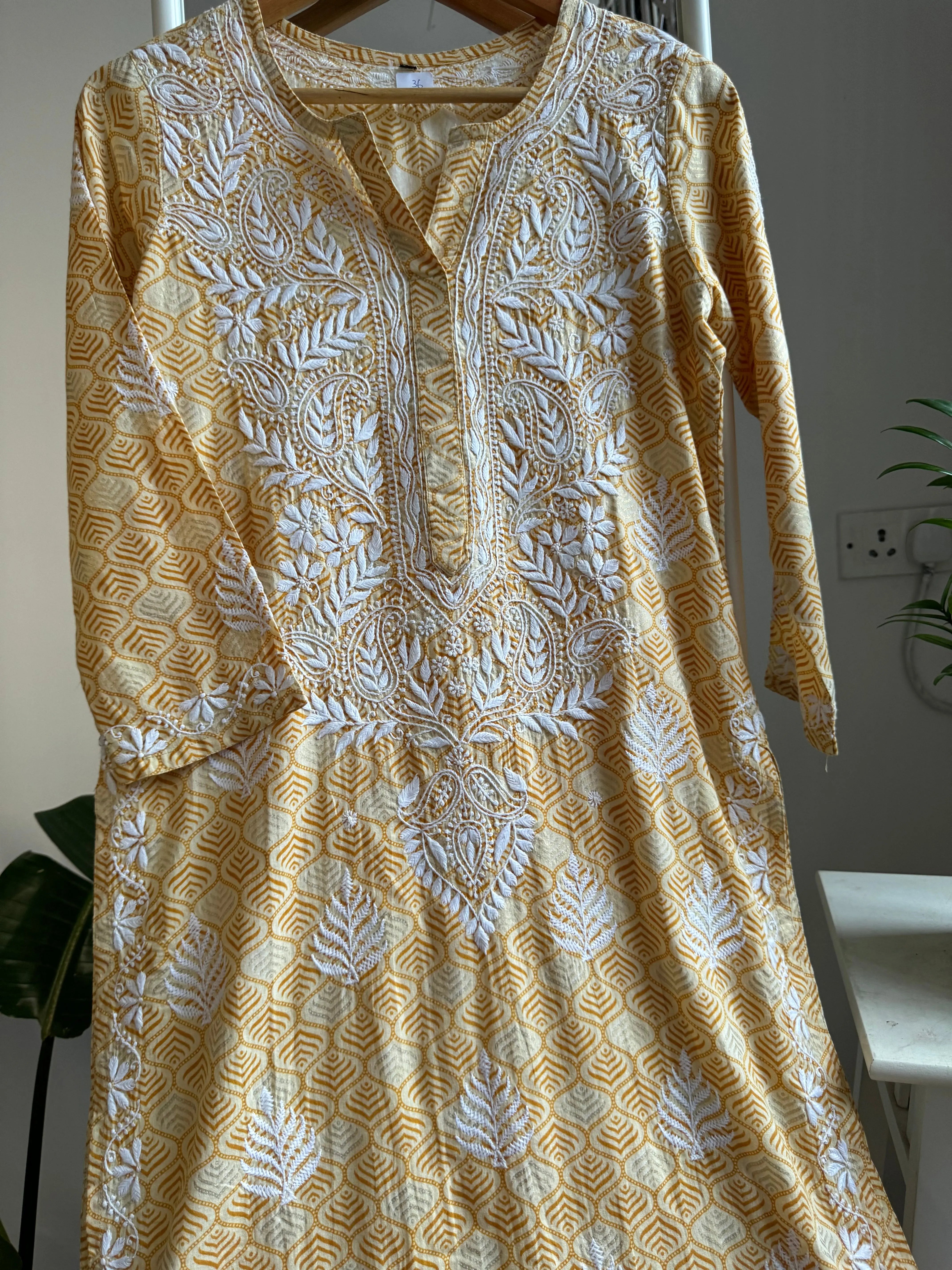 Mul Cotton Printed Chikankari Kurti - Yellow ARIAA CHIKANKARI