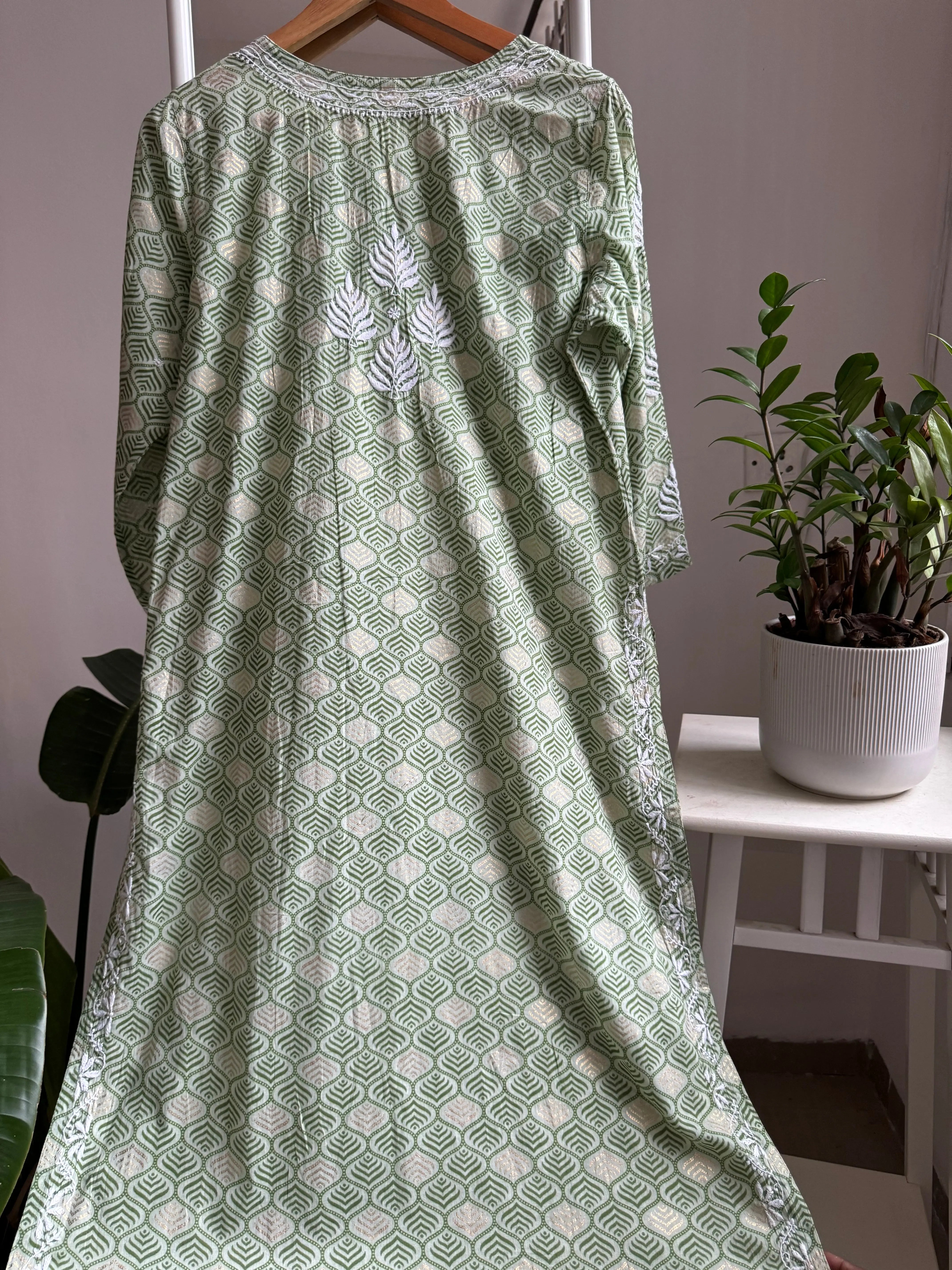 Mul Cotton Printed Chikankari Kurti - Green ARIAA CHIKANKARI