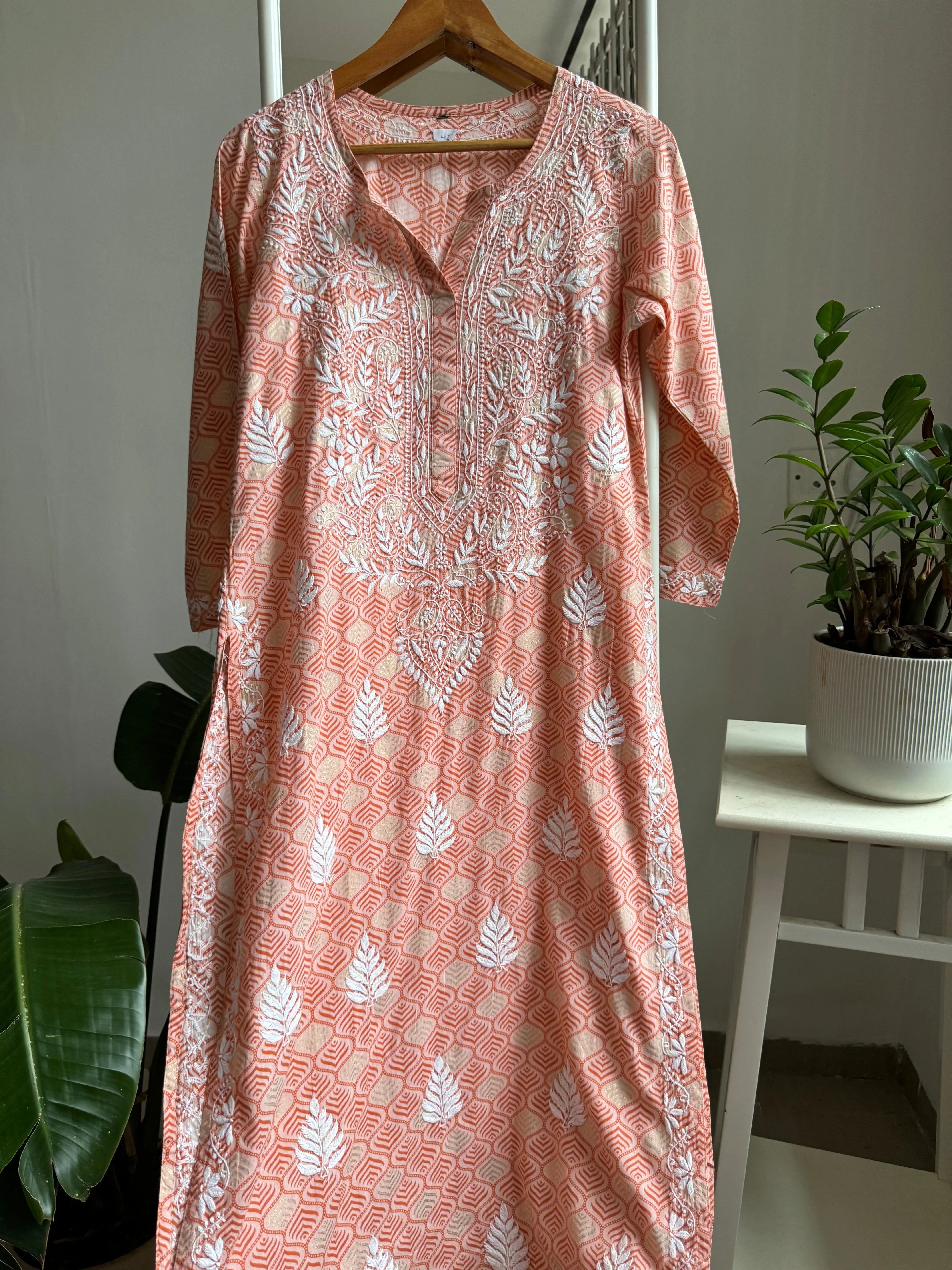 Mul Cotton Printed Chikankari Kurti - Peach ARIAA CHIKANKARI