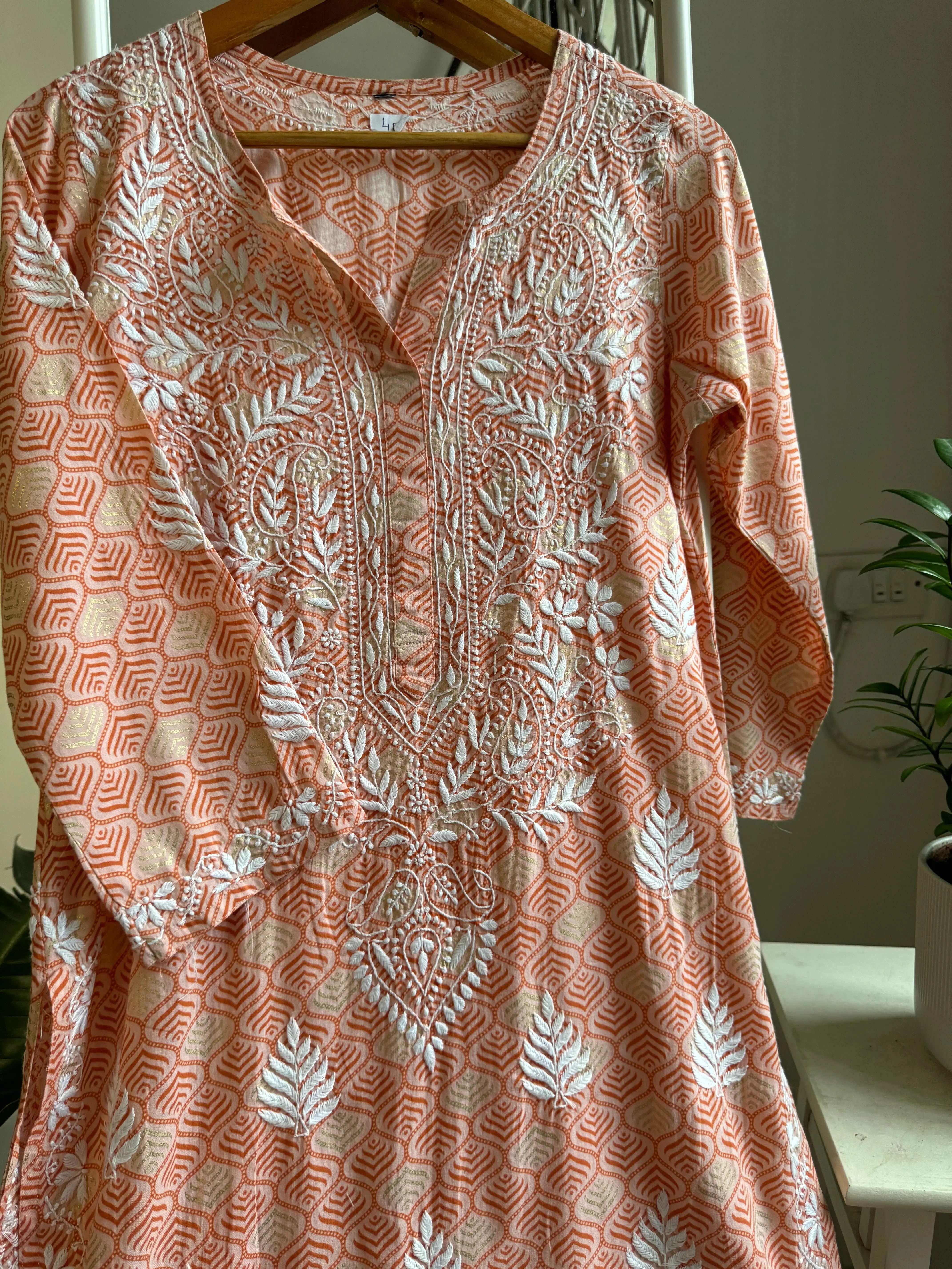 Mul Cotton Printed Chikankari Kurti - Peach ARIAA CHIKANKARI