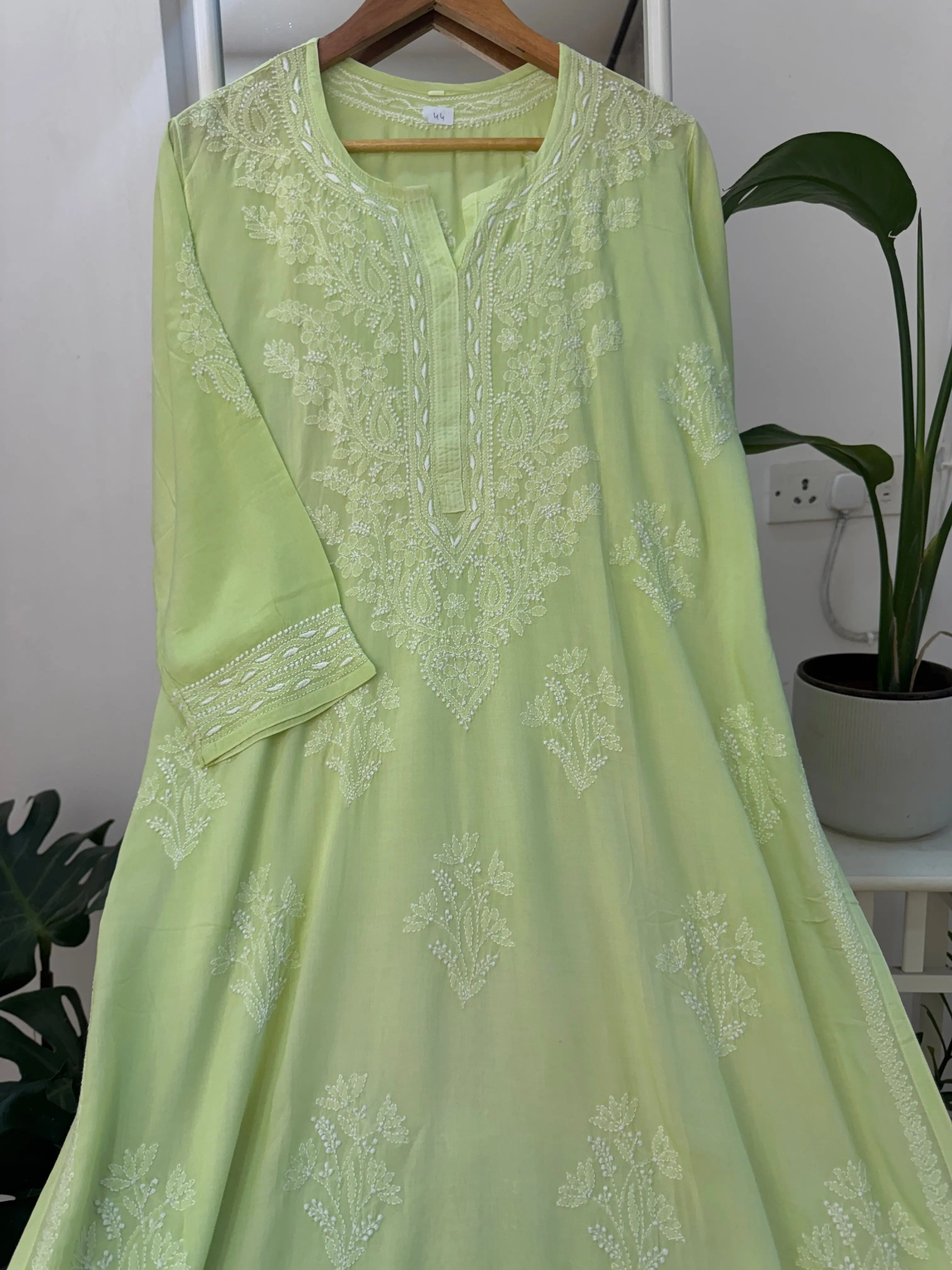Premium Modal Chikankari Cotton Kurti - Apple Green -Noor Collection ARIAA CHIKANKARI