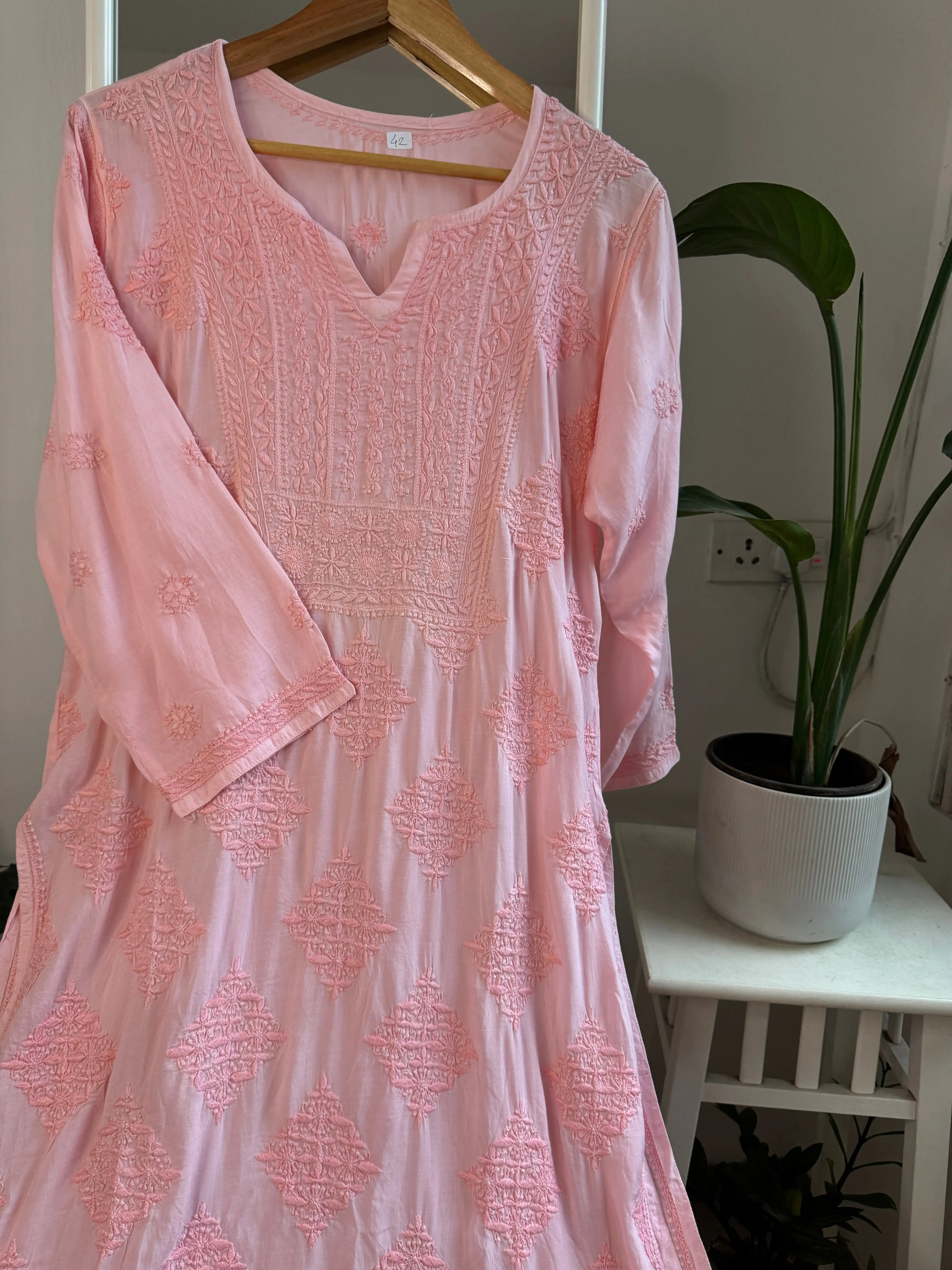 Premium Modal Chikankari Cotton Kurti - Pink - Noor Collection ARIAA CHIKANKARI