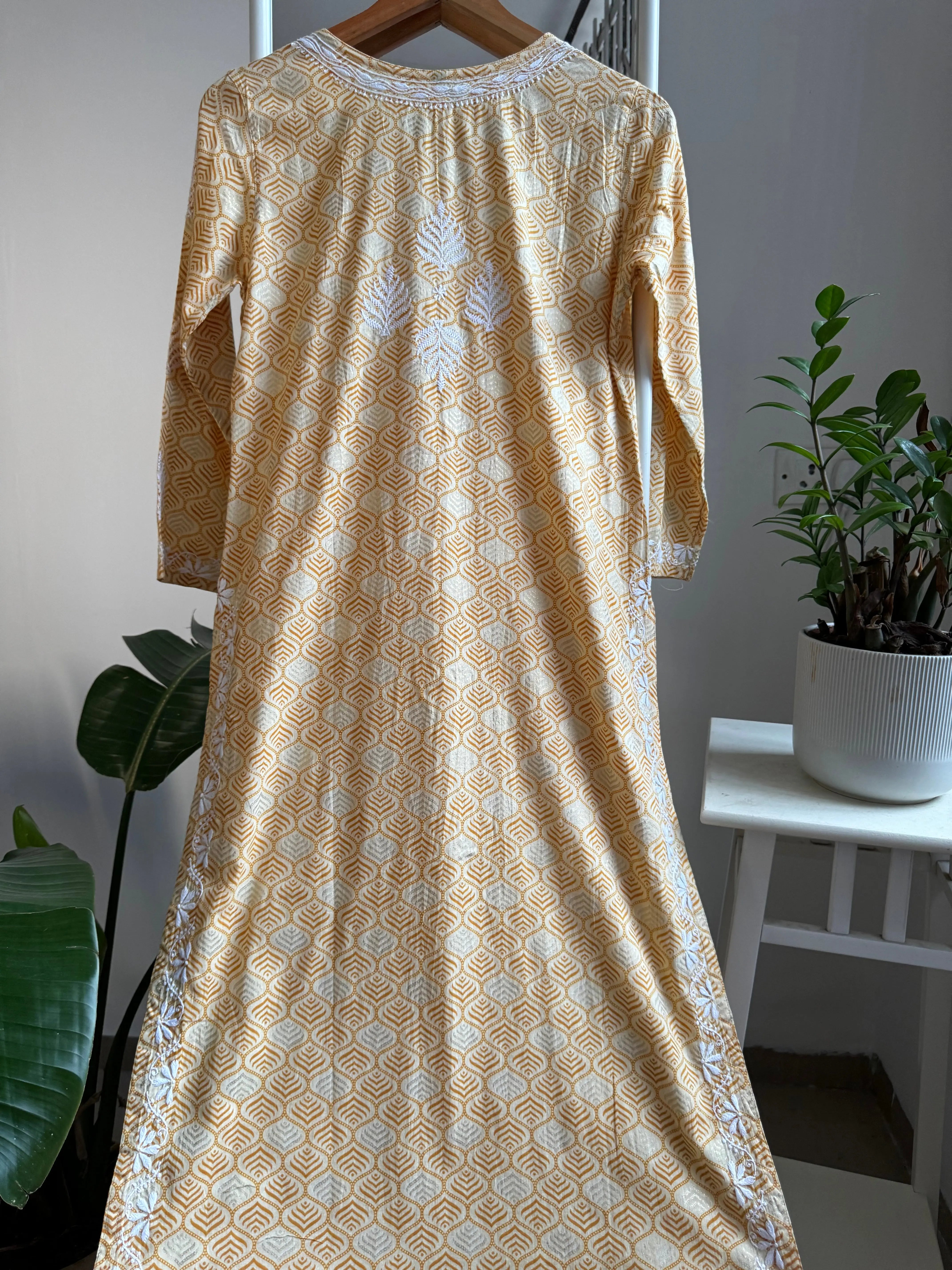 Mul Cotton Printed Chikankari Kurti - Yellow ARIAA CHIKANKARI
