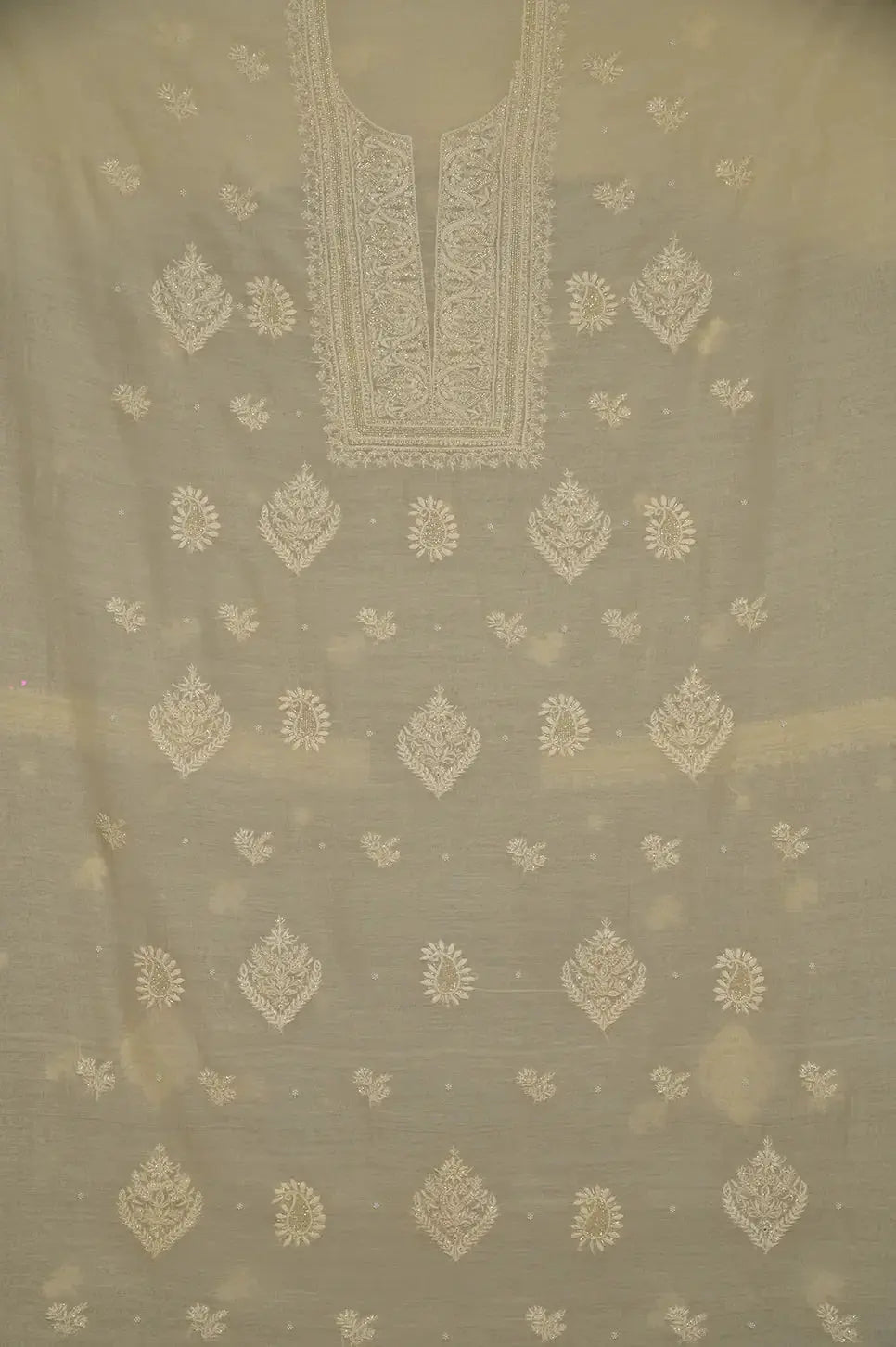 Mul Chanderi Length with Dupatta (with Pearl) - Lemon Yellow 2 - Lucknawi Chikankari