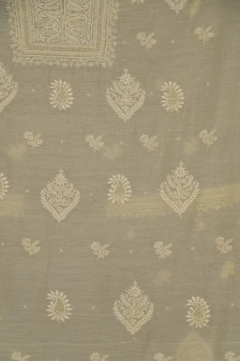 Mul Chanderi Length with Dupatta (with Pearl) - Lemon Yellow 2 - Lucknawi Chikankari