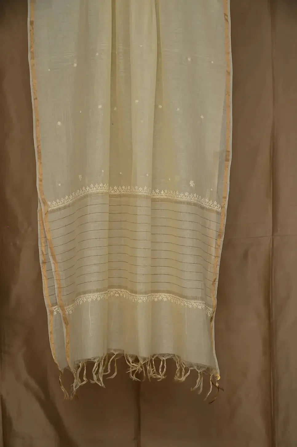 Mul Chanderi Length with Dupatta (with Pearl) - Lemon Yellow - Lucknawi Chikankari