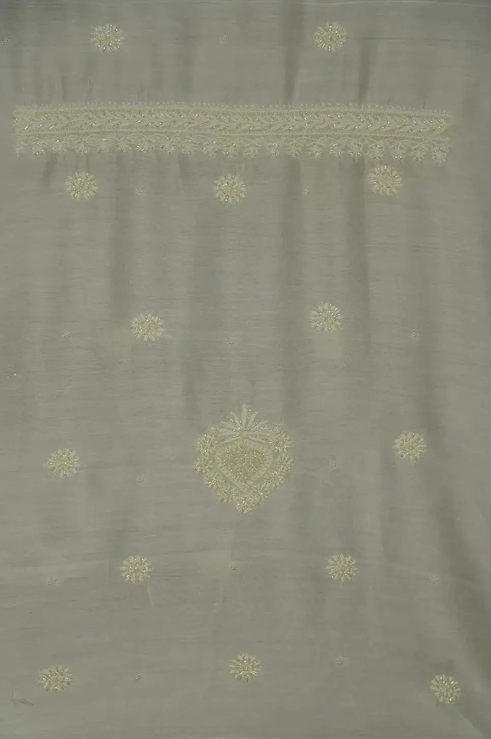 Mul Chanderi Length with Dupatta (with Pearl) - Light Yellow - Lucknawi Chikankari
