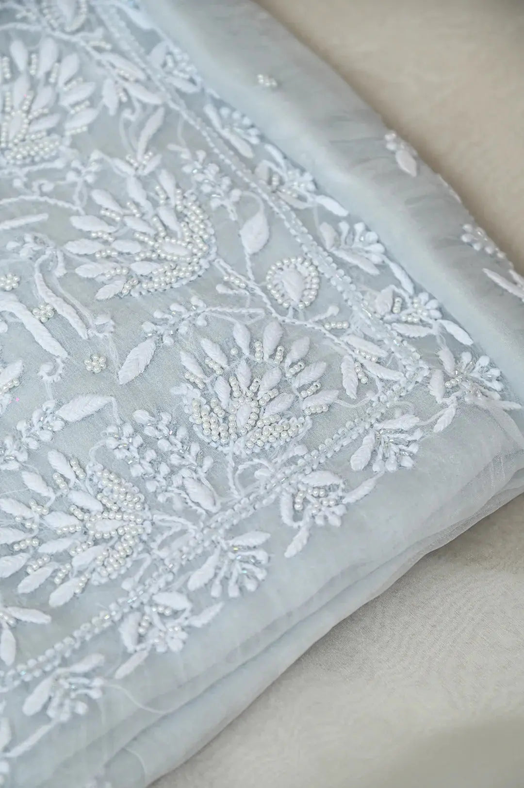 Organza Length with Dupatta (Pearl Work) - Grey Green: Elegant Chikankari Ensemble