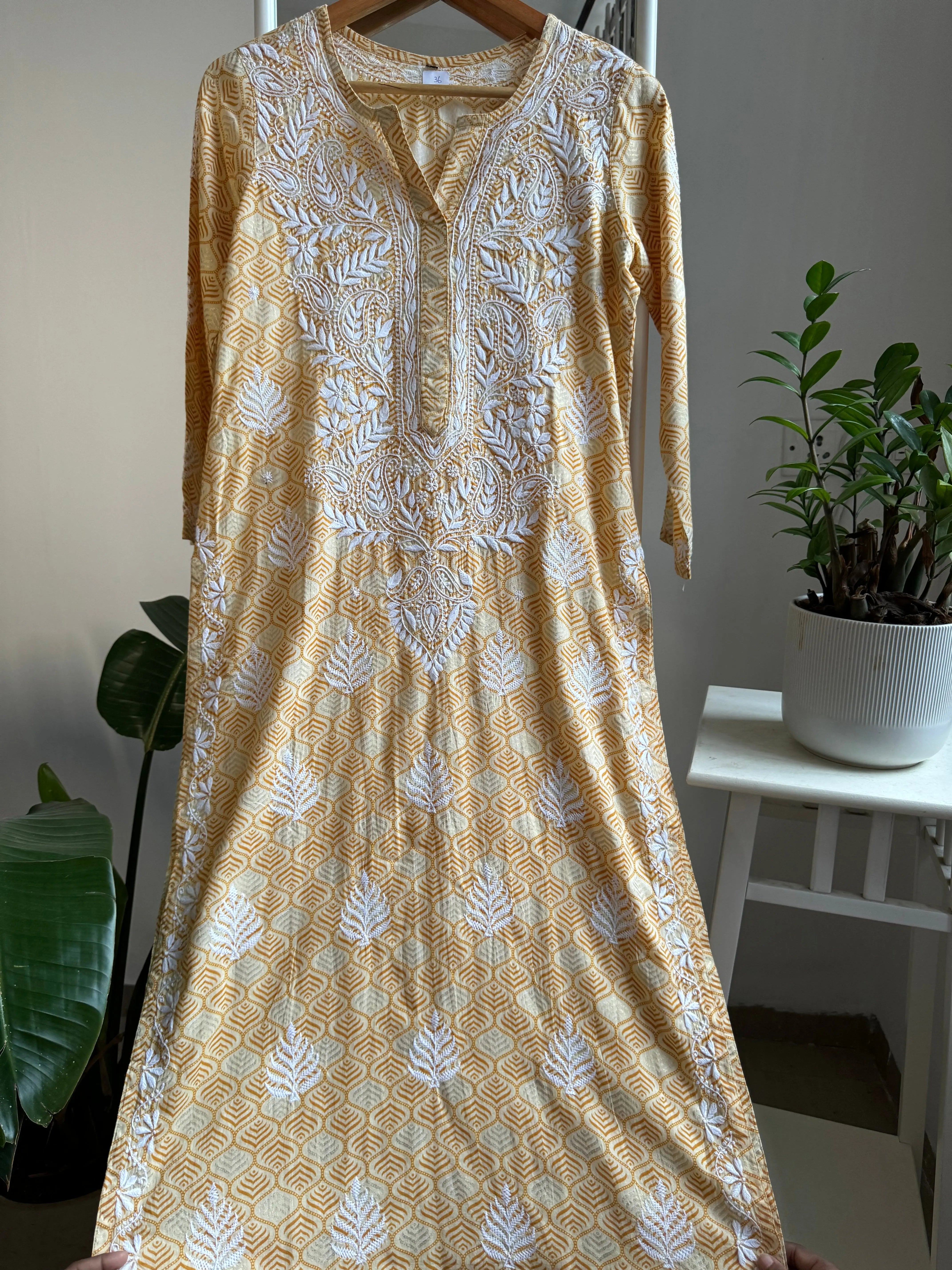 Mul Cotton Printed Chikankari Kurti - Yellow ARIAA CHIKANKARI