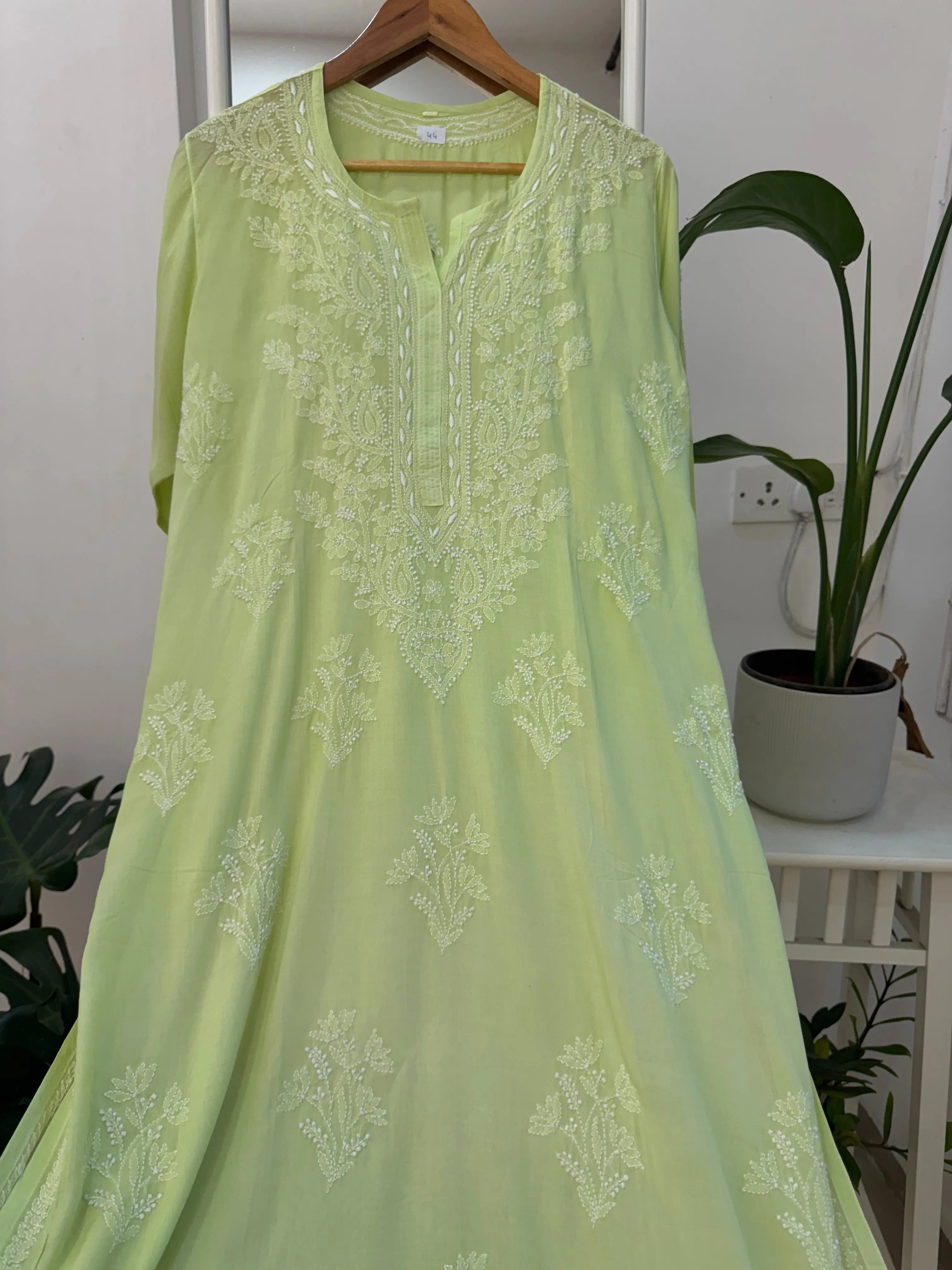 Premium Modal Chikankari Cotton Kurti - Apple Green -Noor Collection ARIAA CHIKANKARI