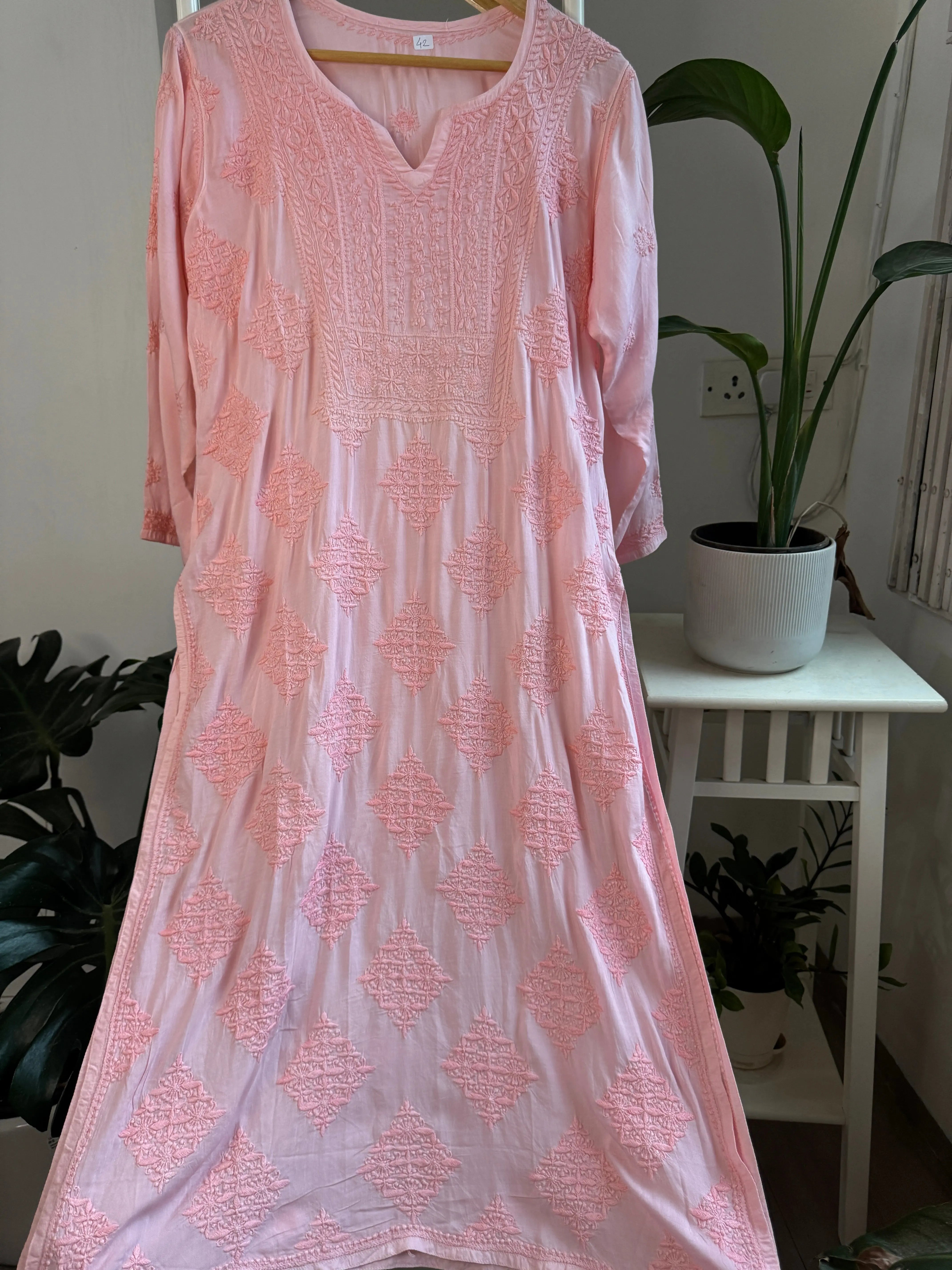 Premium Modal Chikankari Cotton Kurti - Pink - Noor Collection ARIAA CHIKANKARI