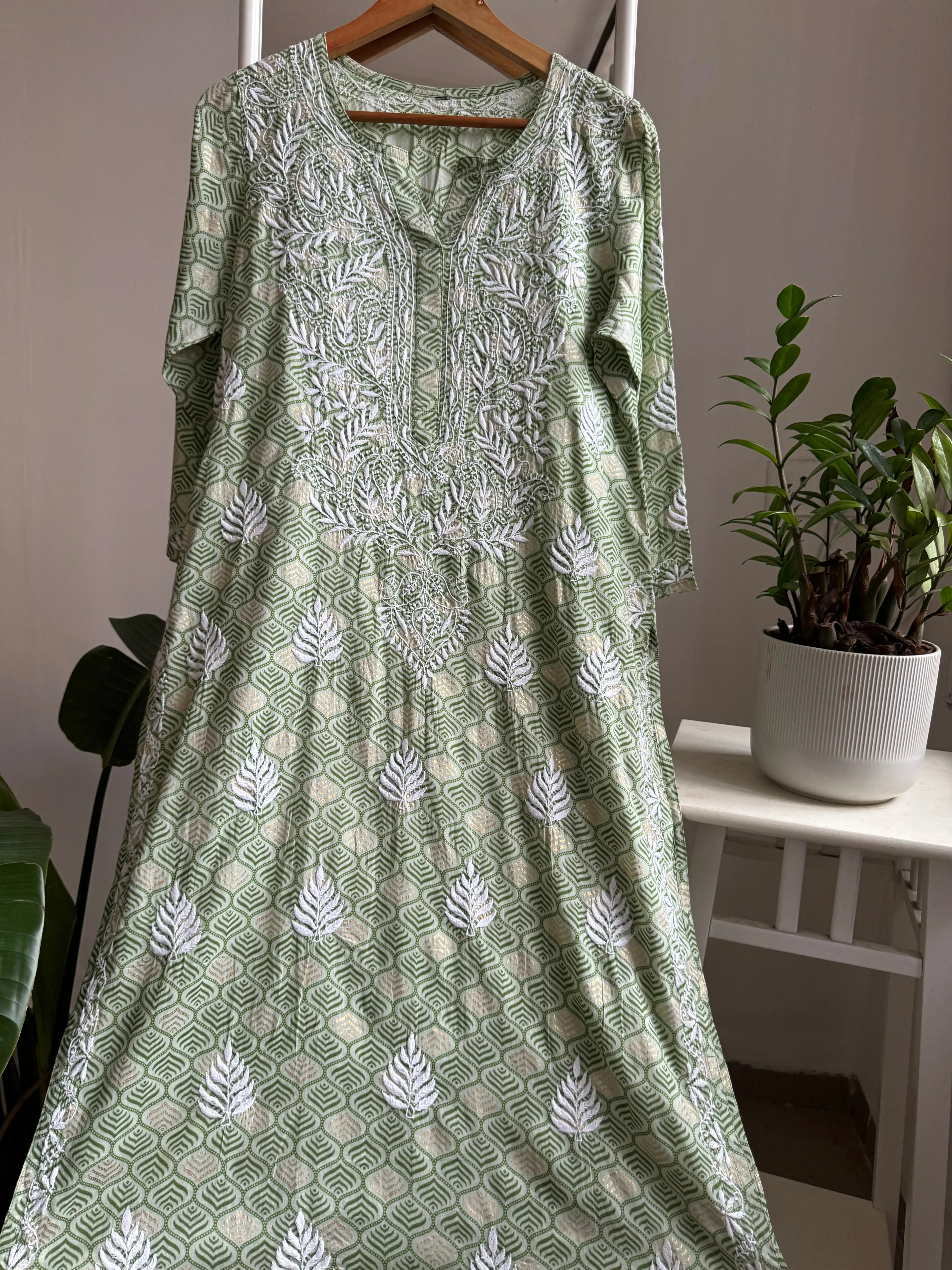 Mul Cotton Printed Chikankari Kurti - Green ARIAA CHIKANKARI