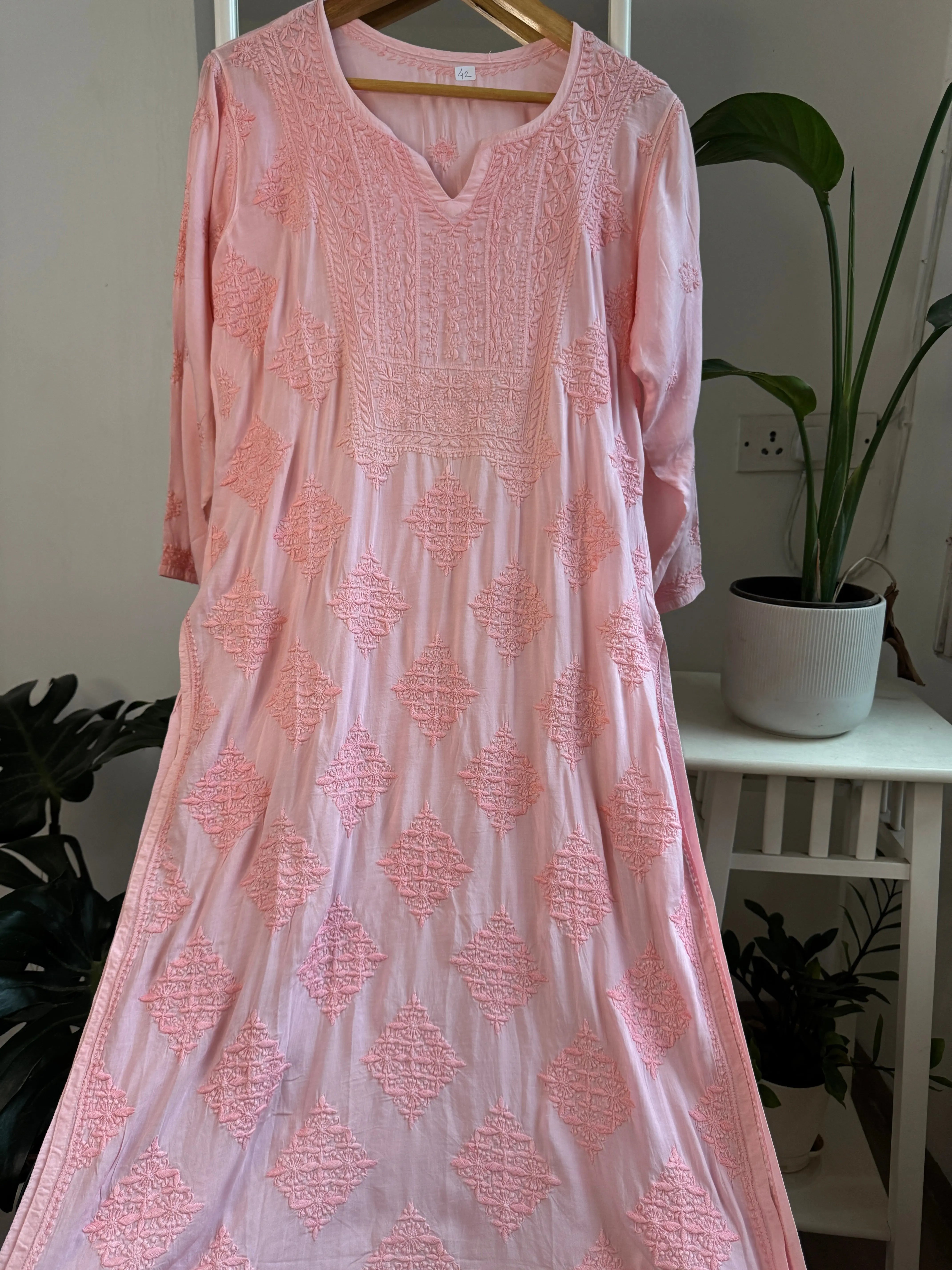 Premium Modal Chikankari Cotton Kurti - Pink - Noor Collection ARIAA CHIKANKARI