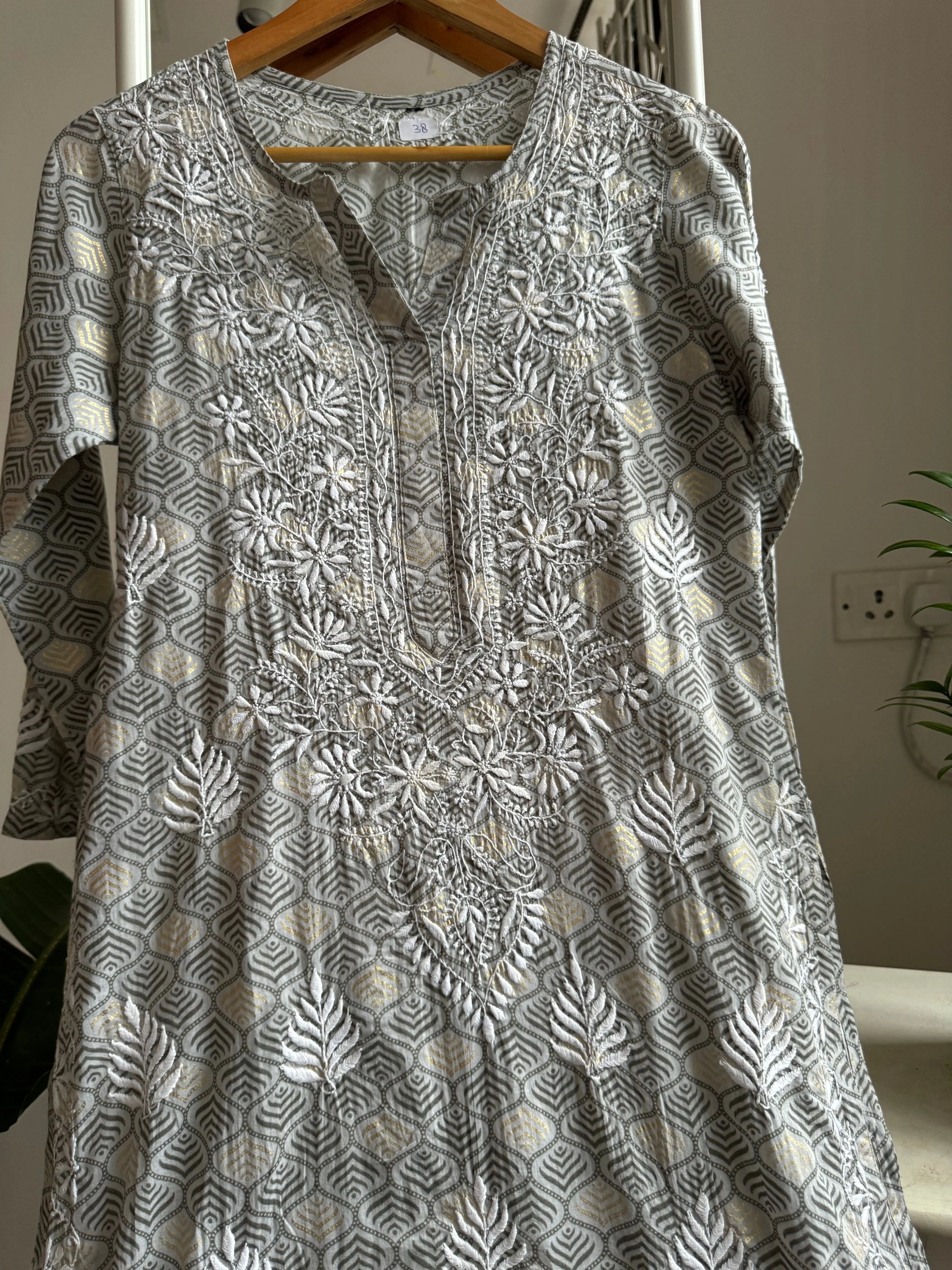Mul Cotton Printed Chikankari Kurti - Grey ARIAA CHIKANKARI