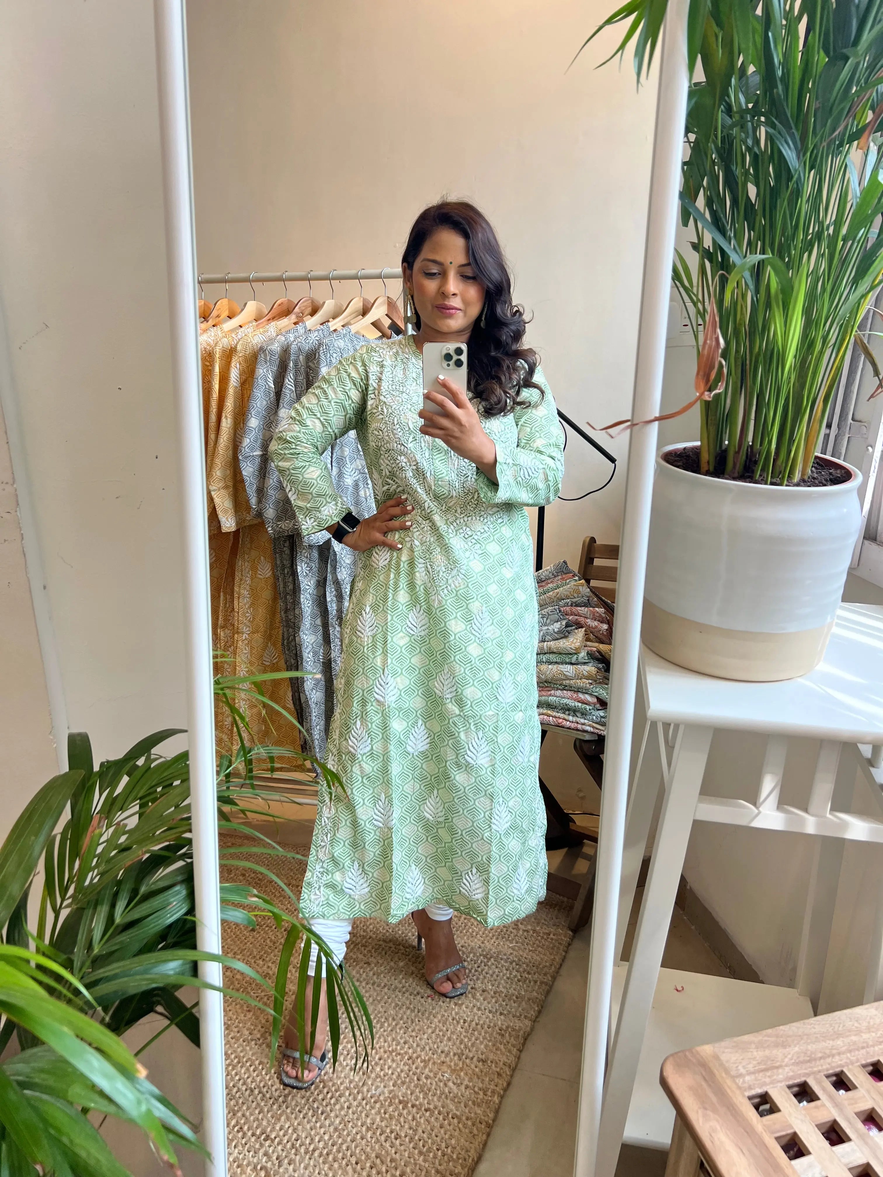Mul Cotton Printed Chikankari Kurti - Green ARIAA CHIKANKARI