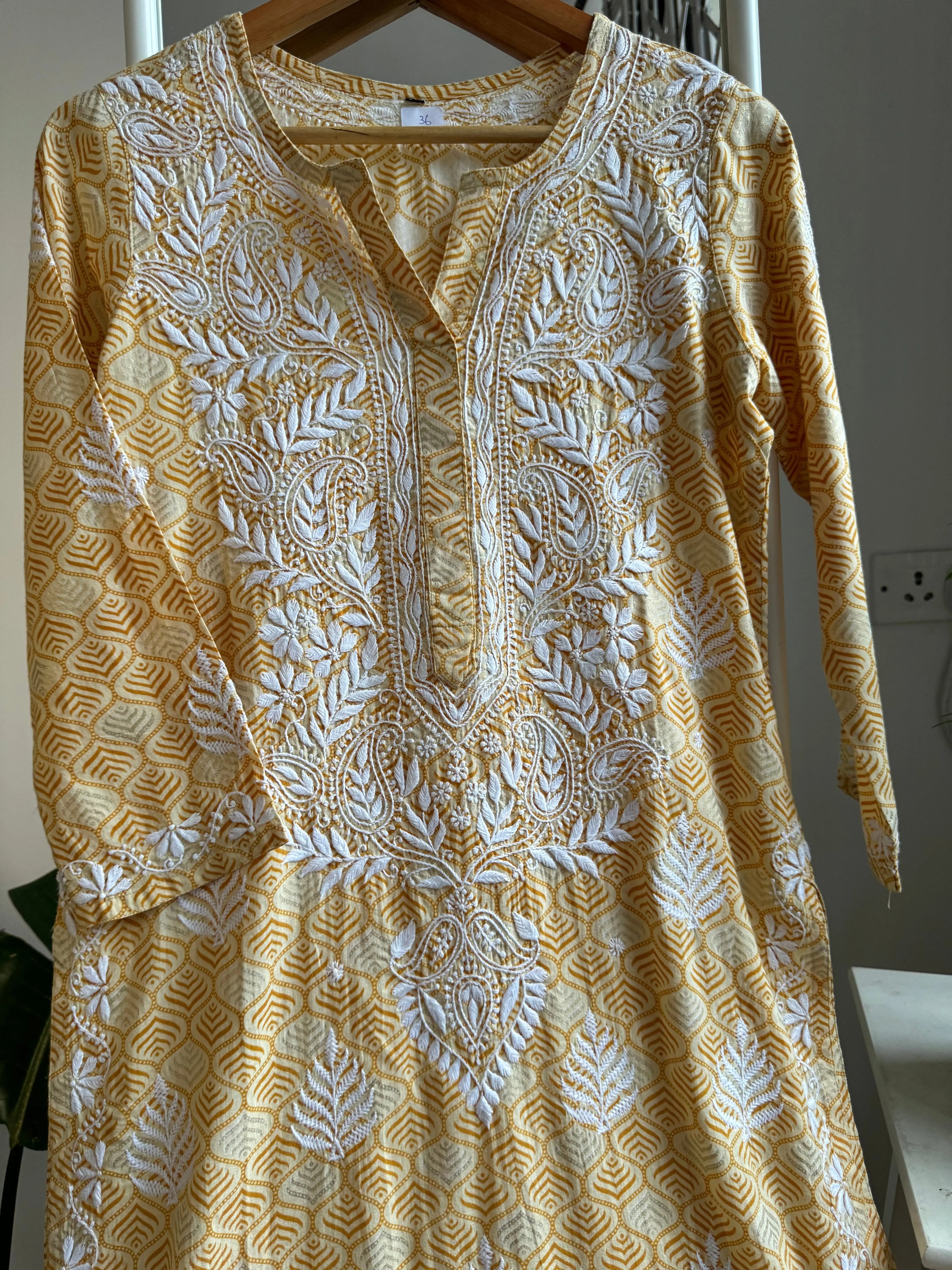 Mul Cotton Printed Chikankari Kurti - Yellow ARIAA CHIKANKARI