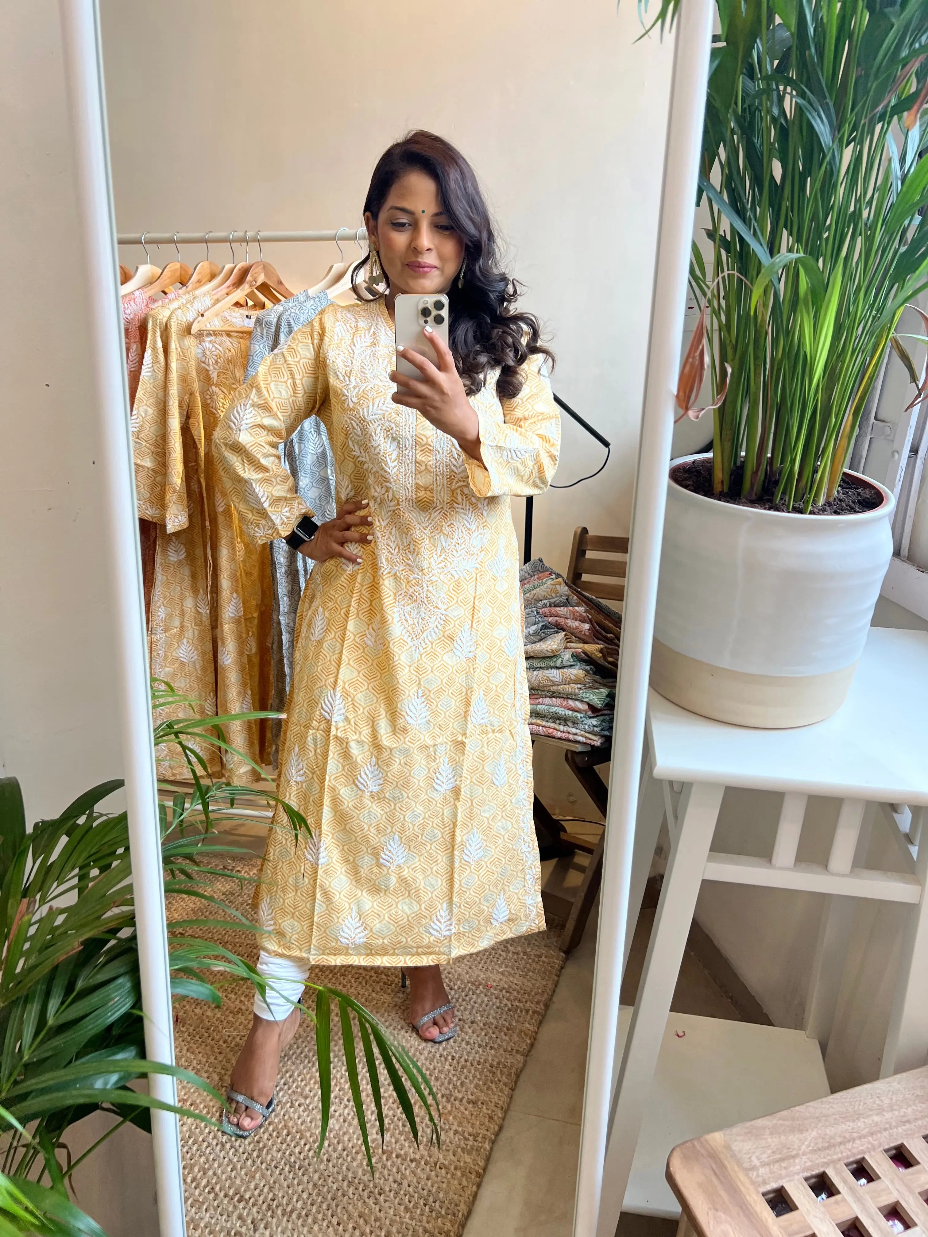 Mul Cotton Printed Chikankari Kurti - Yellow ARIAA CHIKANKARI