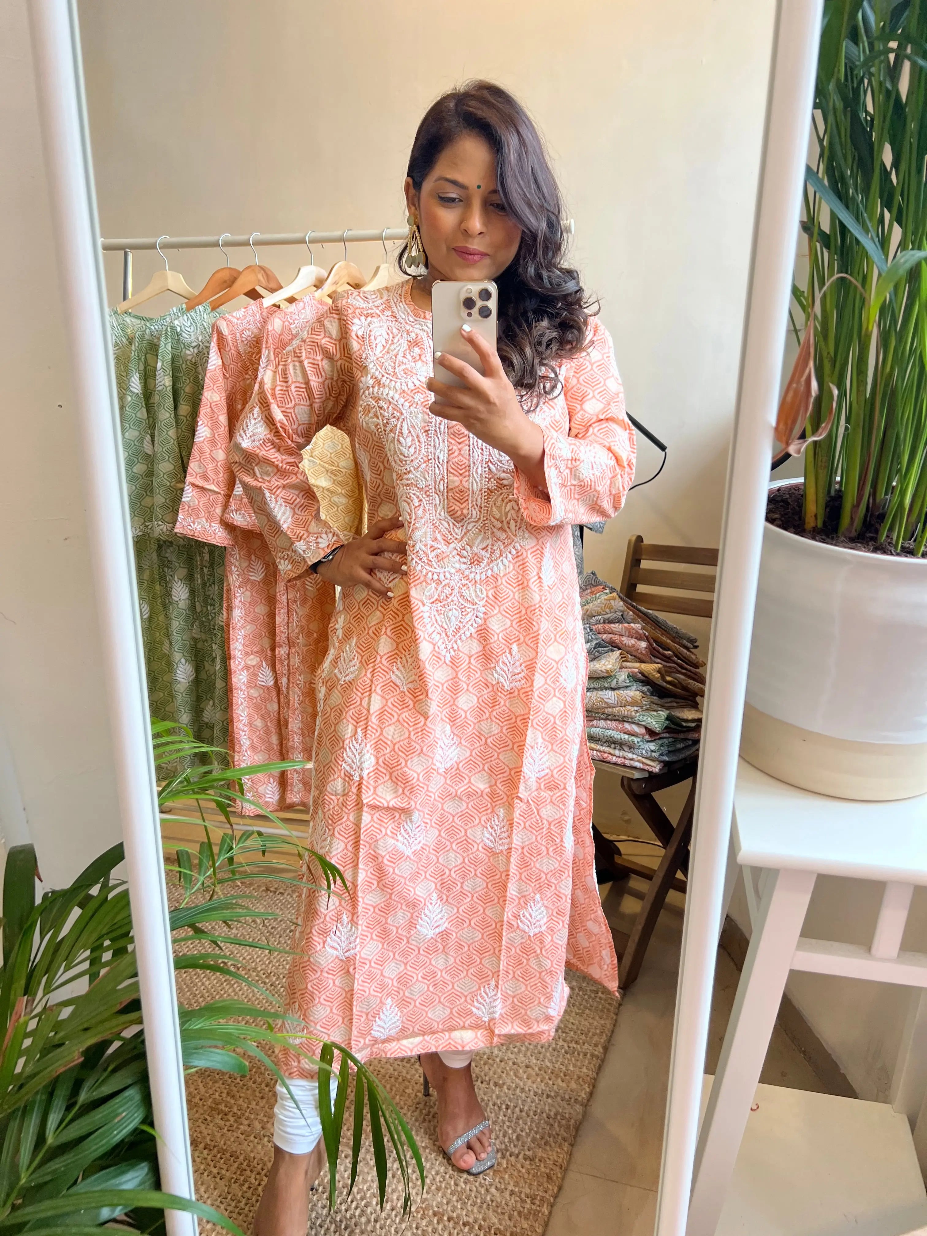 Mul Cotton Printed Chikankari Kurti - Peach ARIAA CHIKANKARI