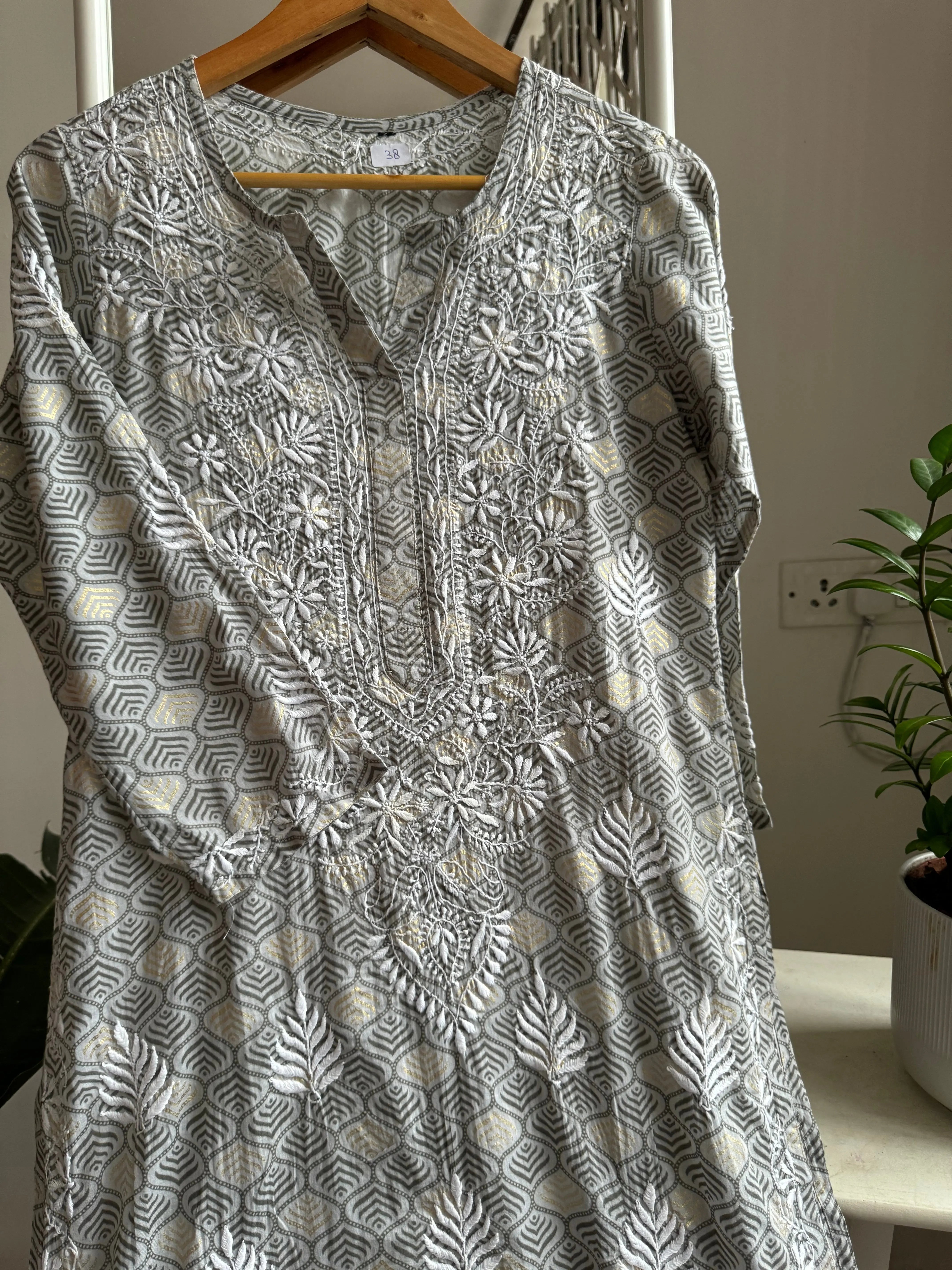 Mul Cotton Printed Chikankari Kurti - Grey ARIAA CHIKANKARI