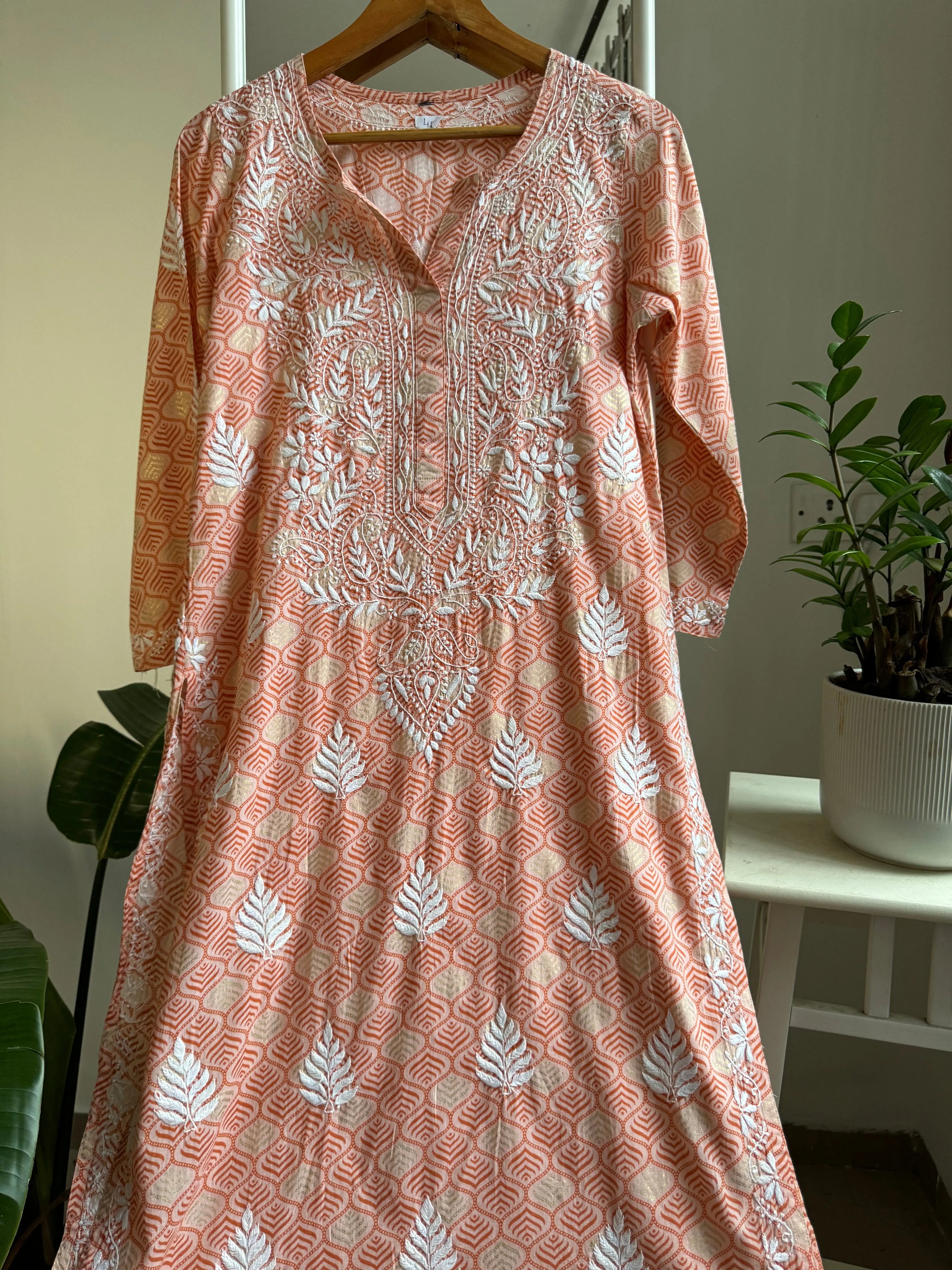 Mul Cotton Printed Chikankari Kurti - Peach ARIAA CHIKANKARI