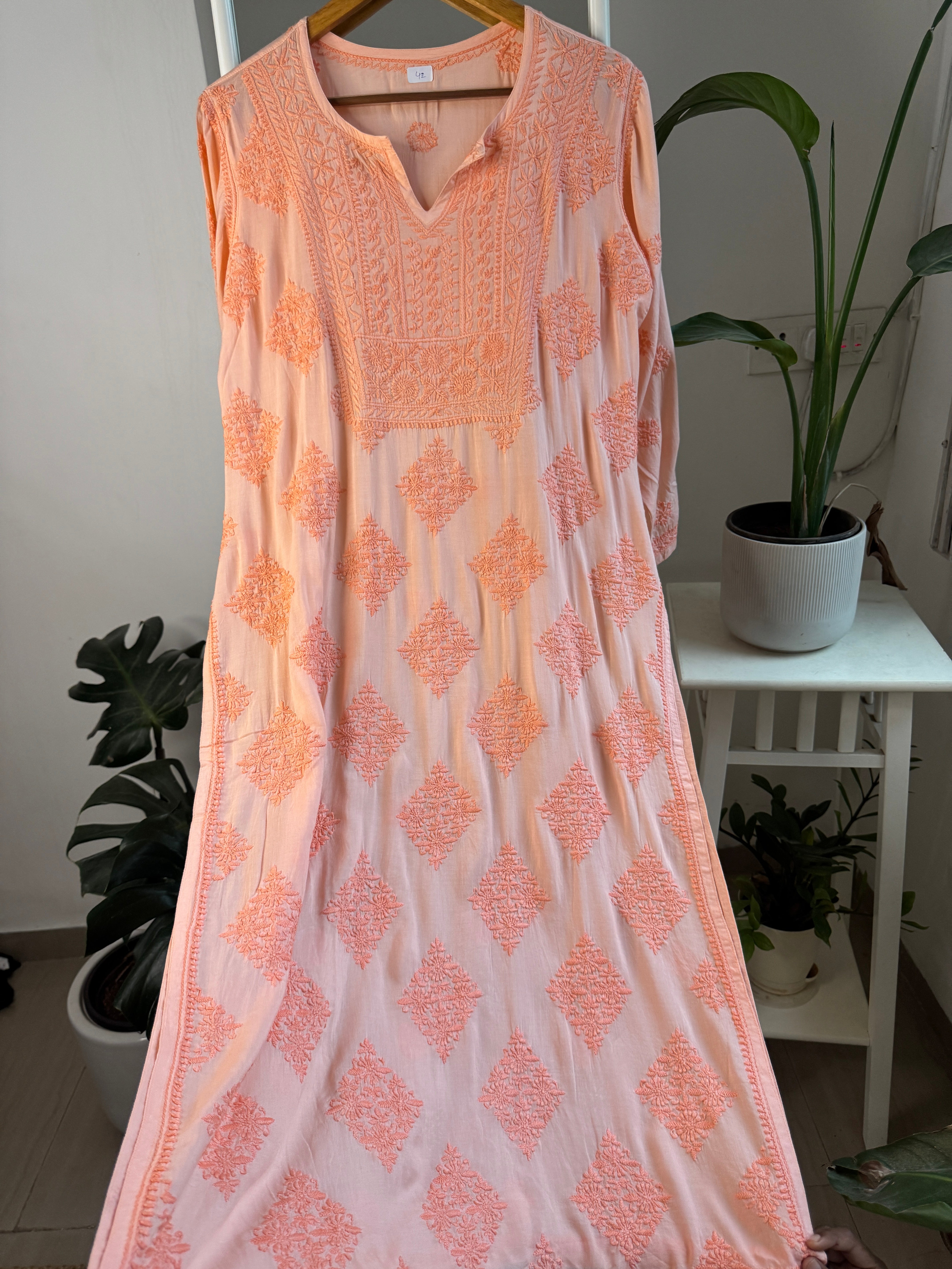 Premium Modal Chikankari Cotton Kurti - Orange ARIAA CHIKANKARI