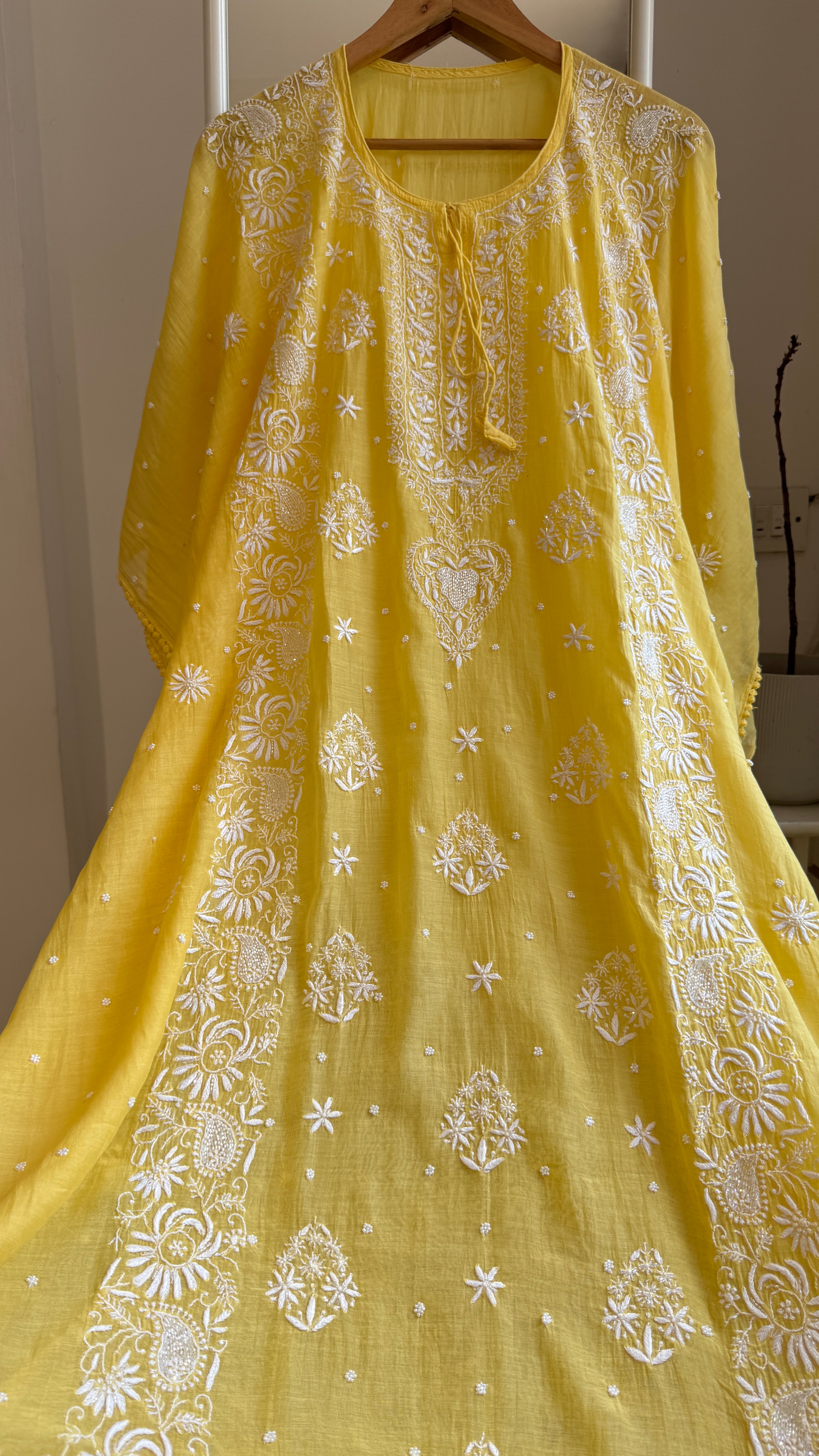 Mul Chanderi Chikankari Kaftan - Yellow