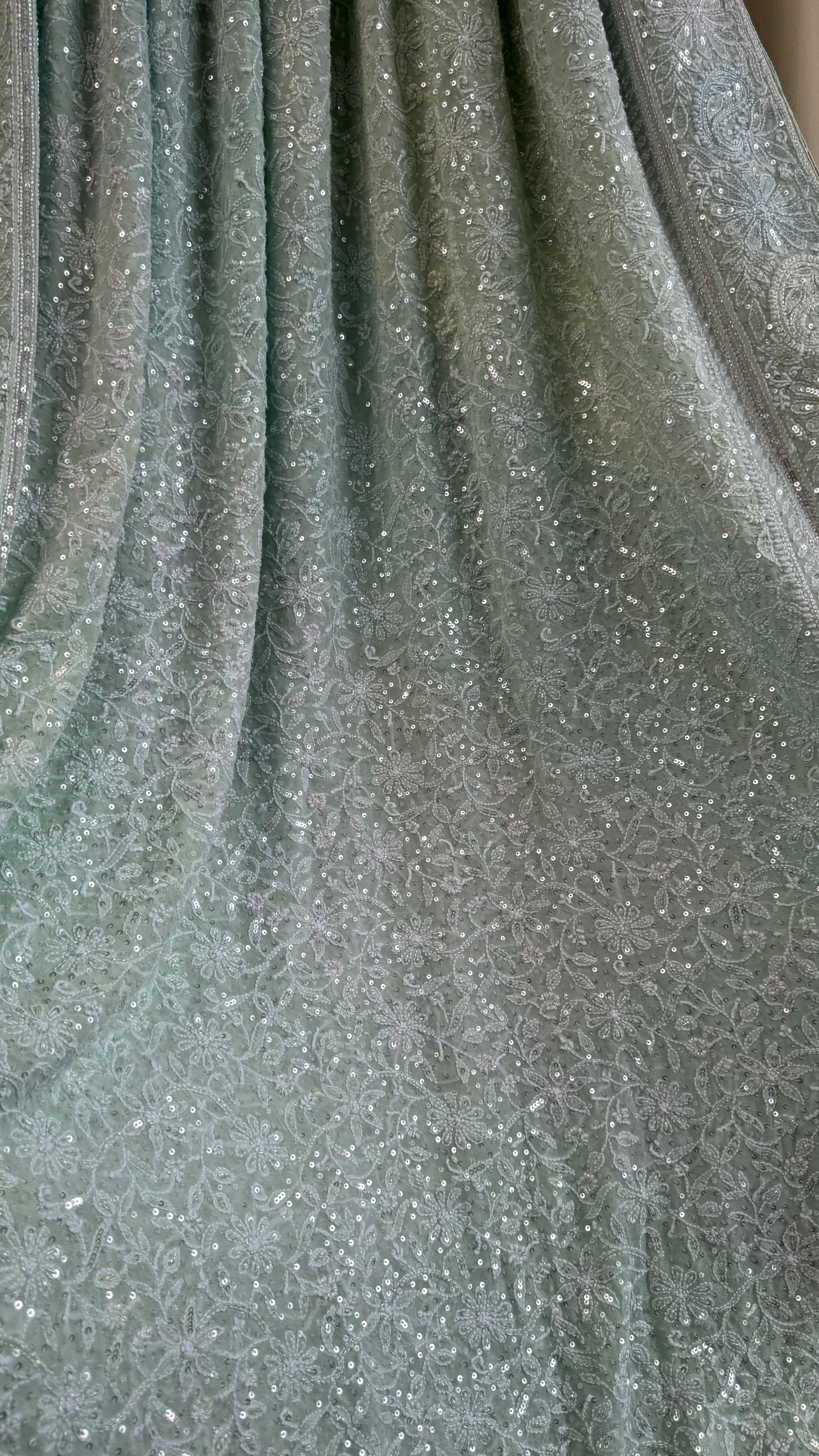 Pure Georgette Lucknow Chikankari Saree -Green - Rooh Collection