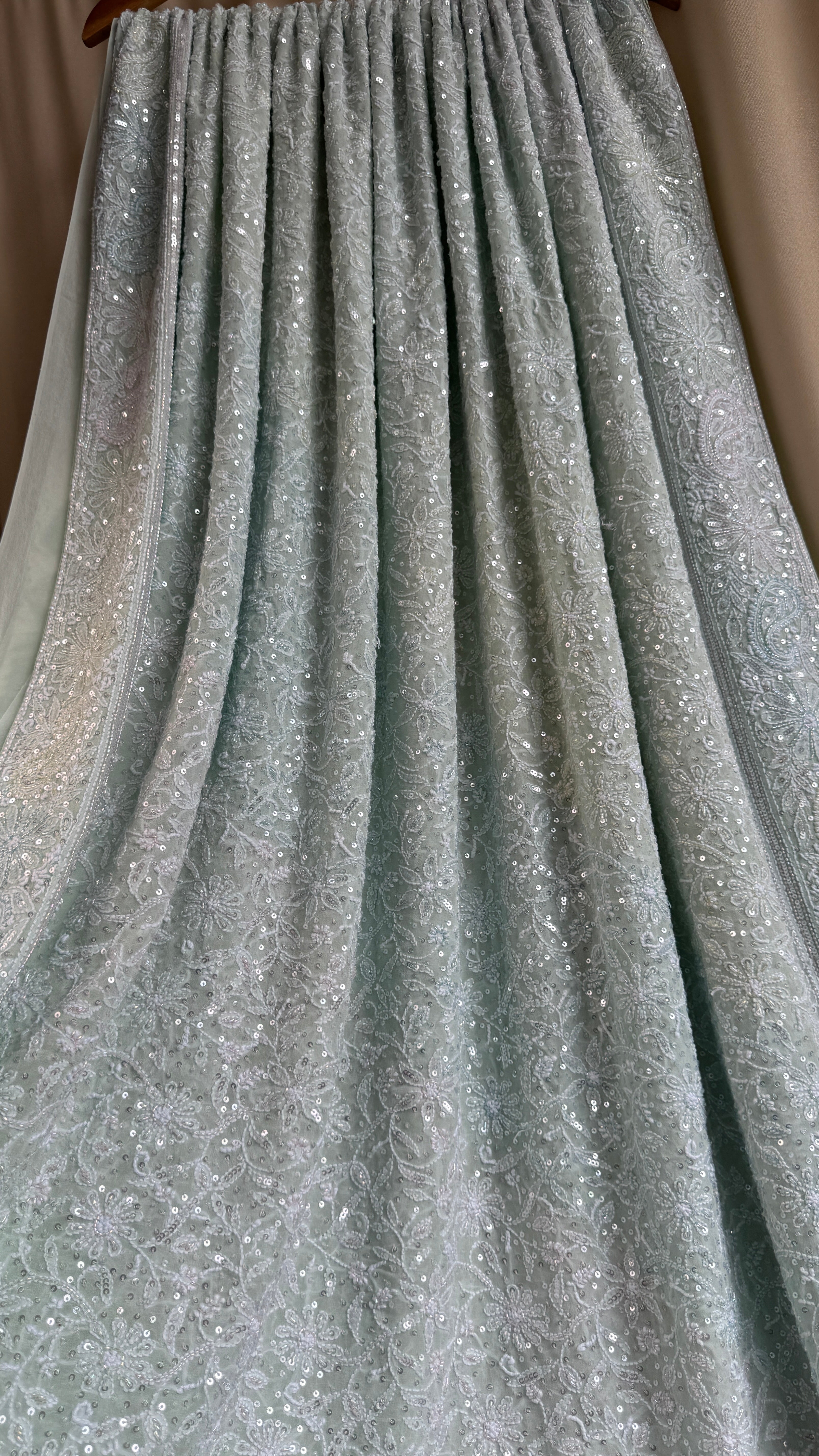 Pure Georgette Lucknow Chikankari Saree -Green - Rooh Collection