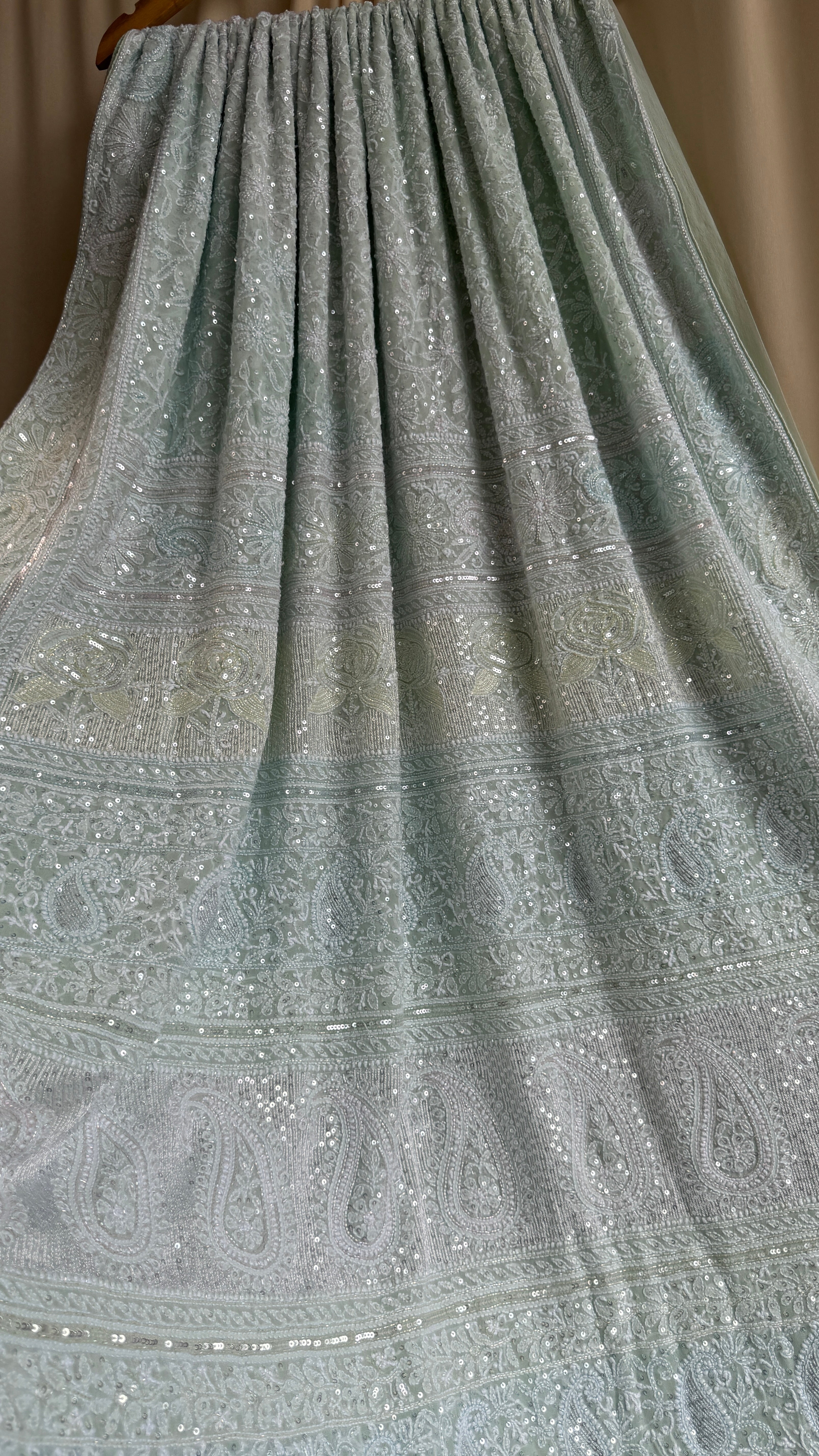 Pure Georgette Lucknow Chikankari Saree -Green - Rooh Collection