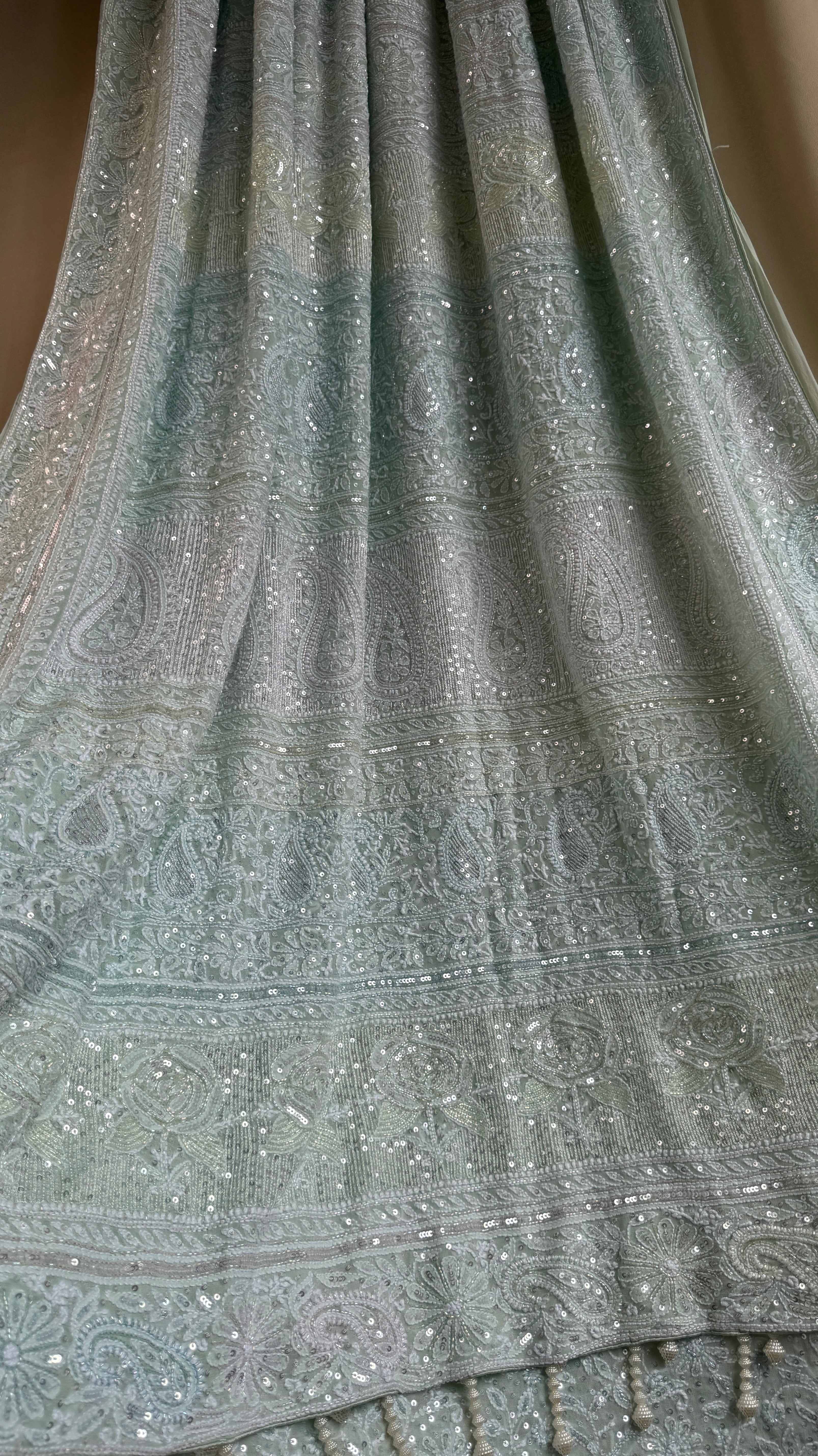 Pure Georgette Lucknow Chikankari Saree -Green - Rooh Collection