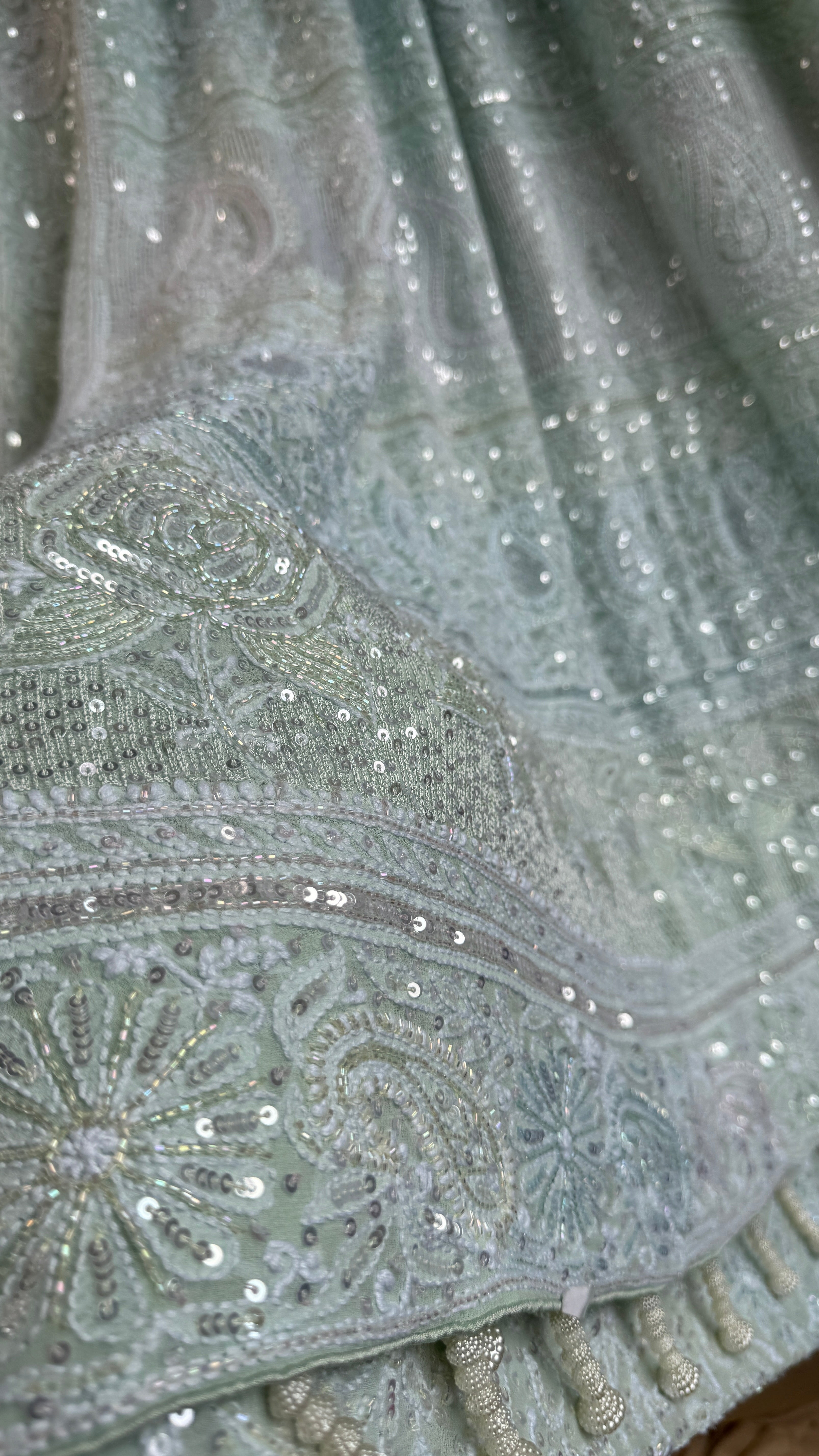 Pure Georgette Lucknow Chikankari Saree -Green - Rooh Collection