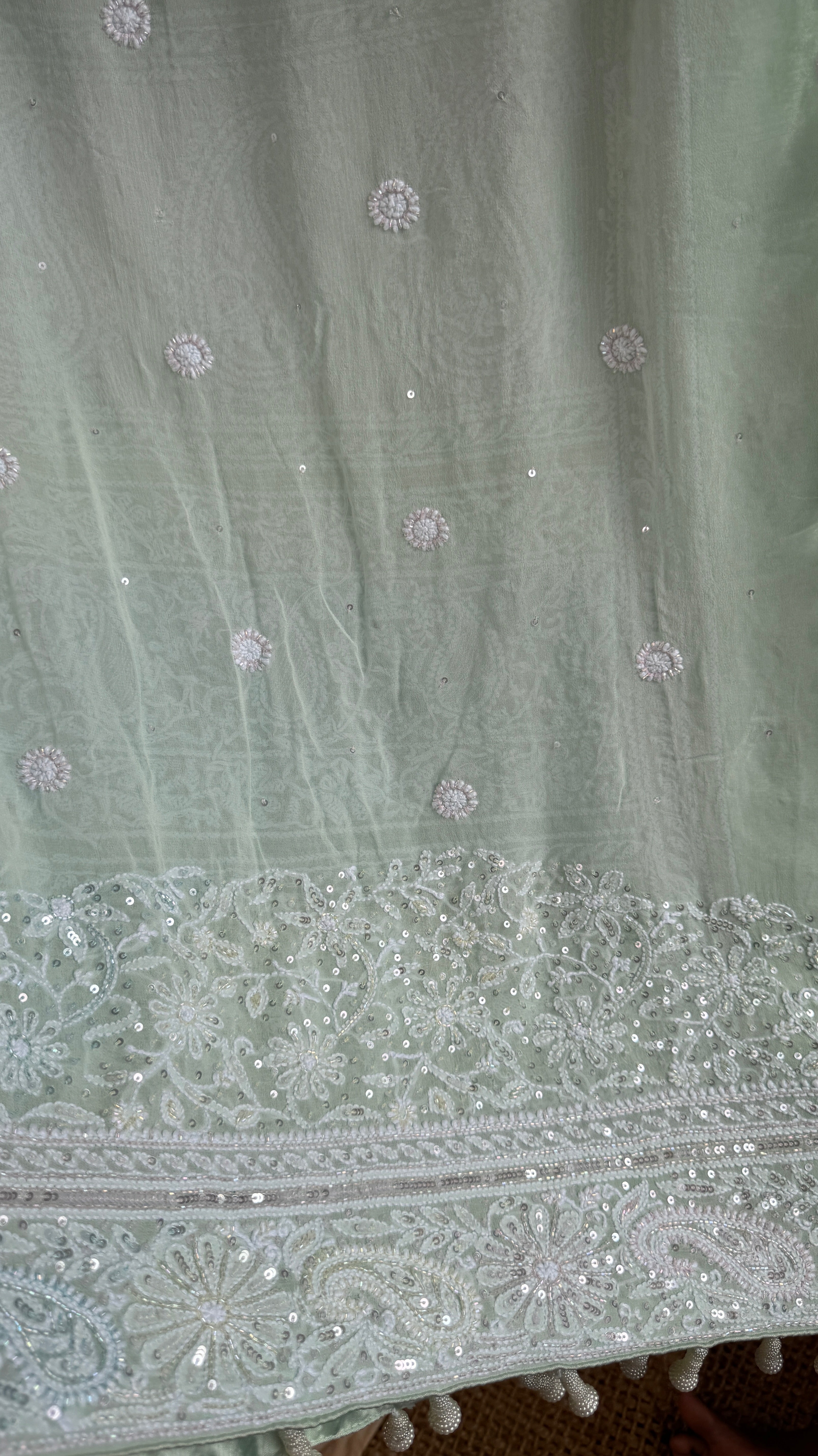 Pure Georgette Lucknow Chikankari Saree -Green - Rooh Collection