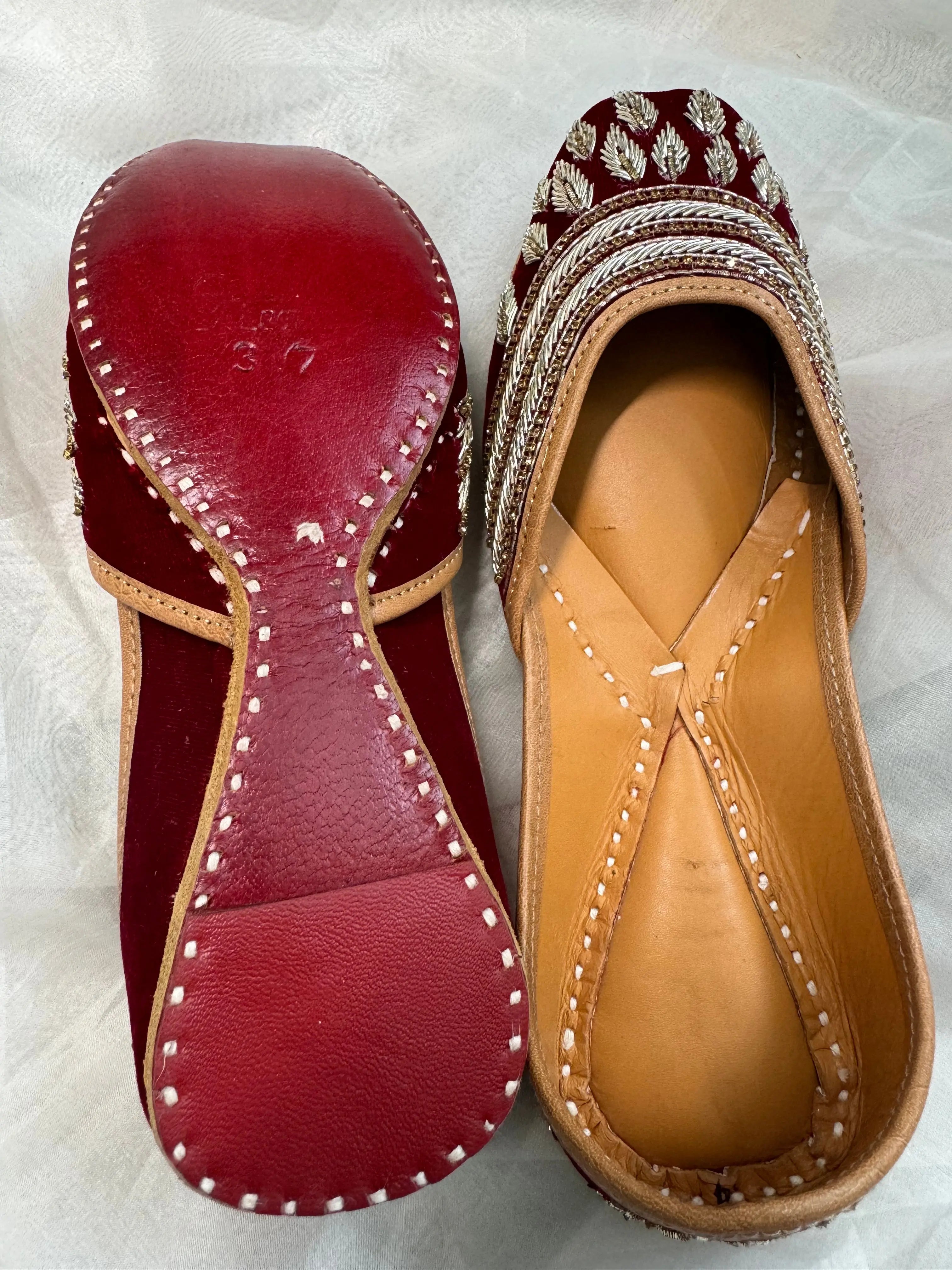 Embellished Hand crafted Mojaris - Deep Red ARIAA CHIKANKARI