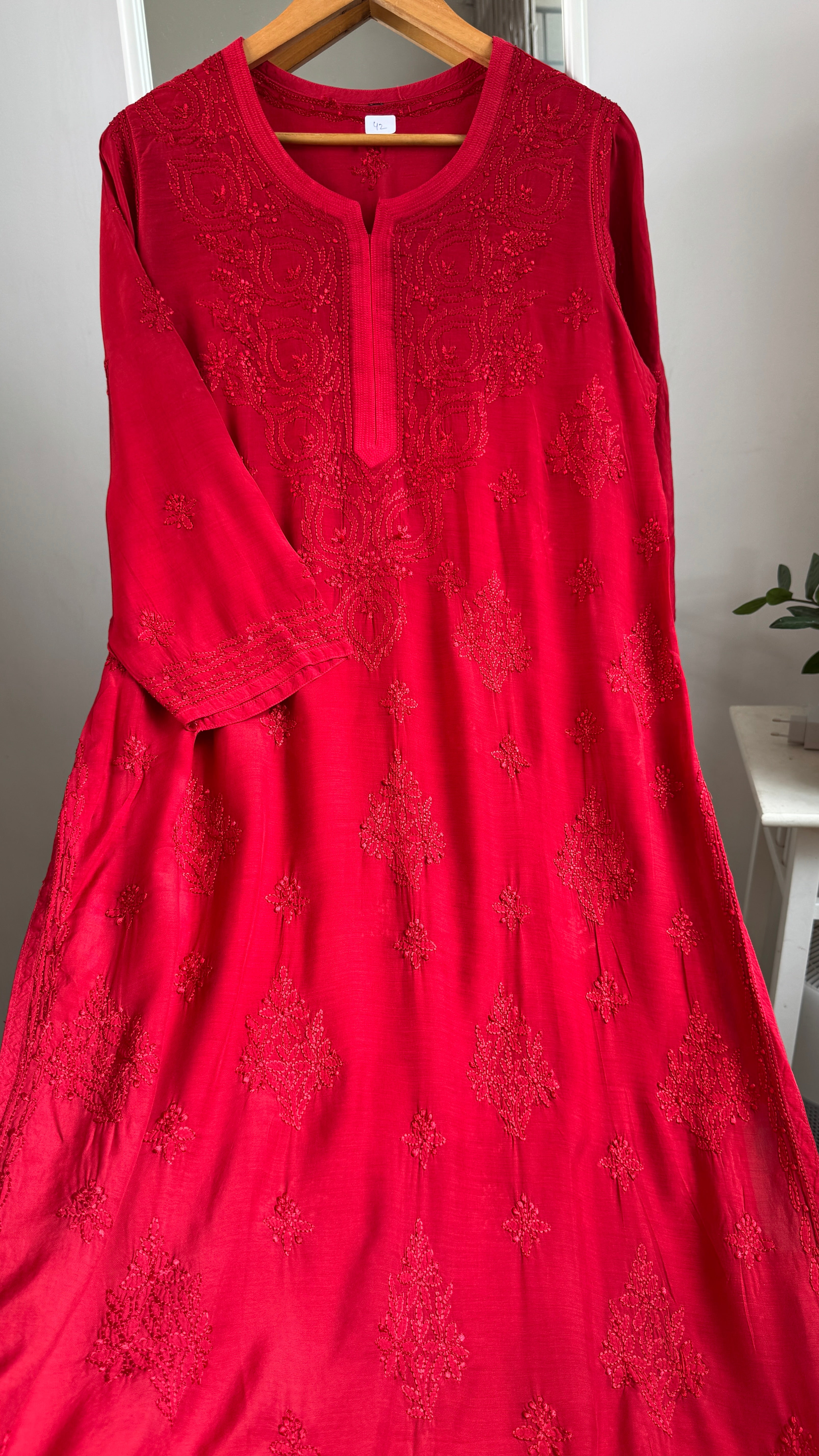 Muslin Chikankari Kurti - Red- BERRY Collection