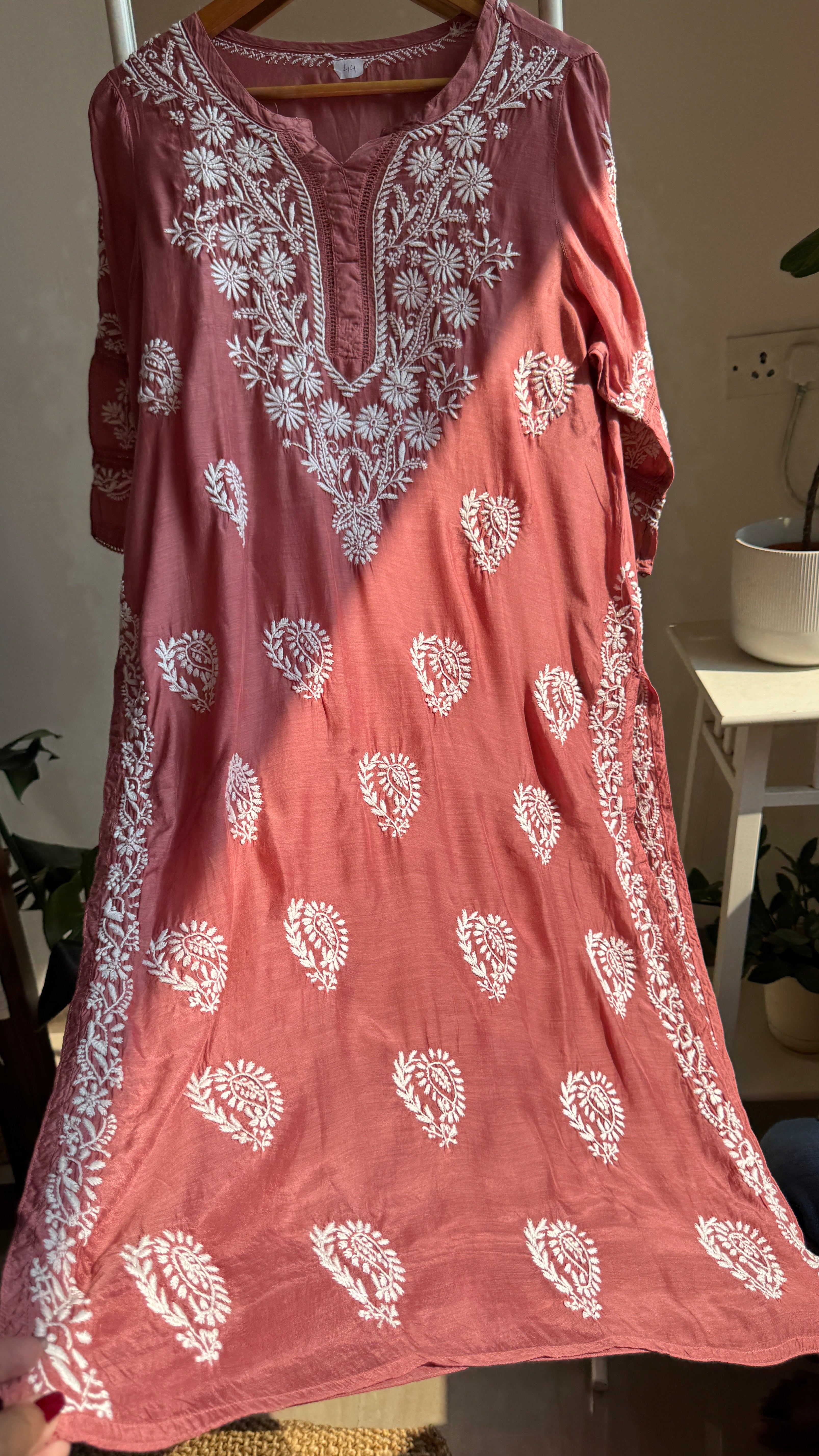 Muslin Chikankari Kurti with White Thread work - Rosewood - Gulzar Collection