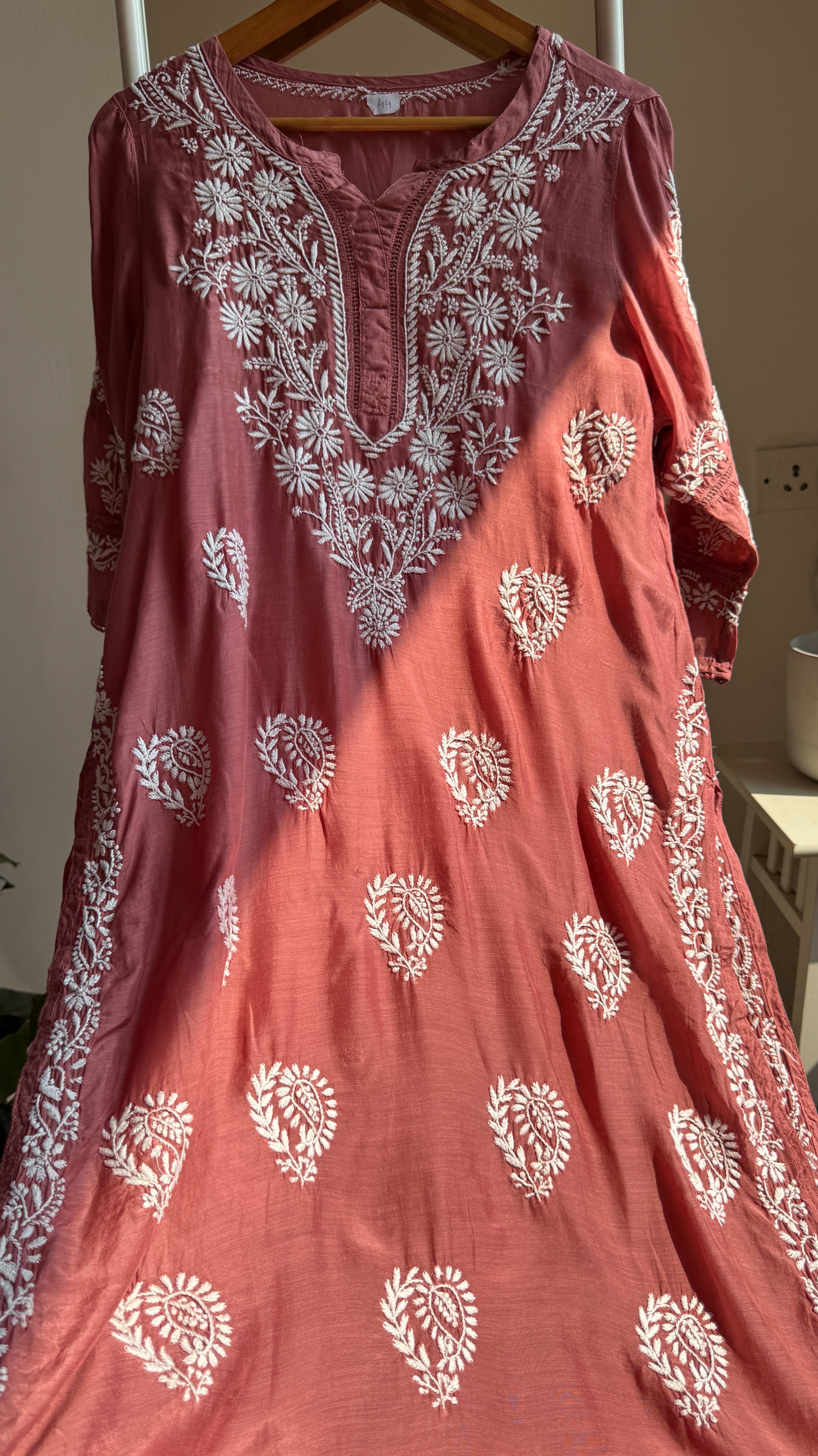 Muslin Chikankari Kurti with White Thread work - Rosewood - Gulzar Collection