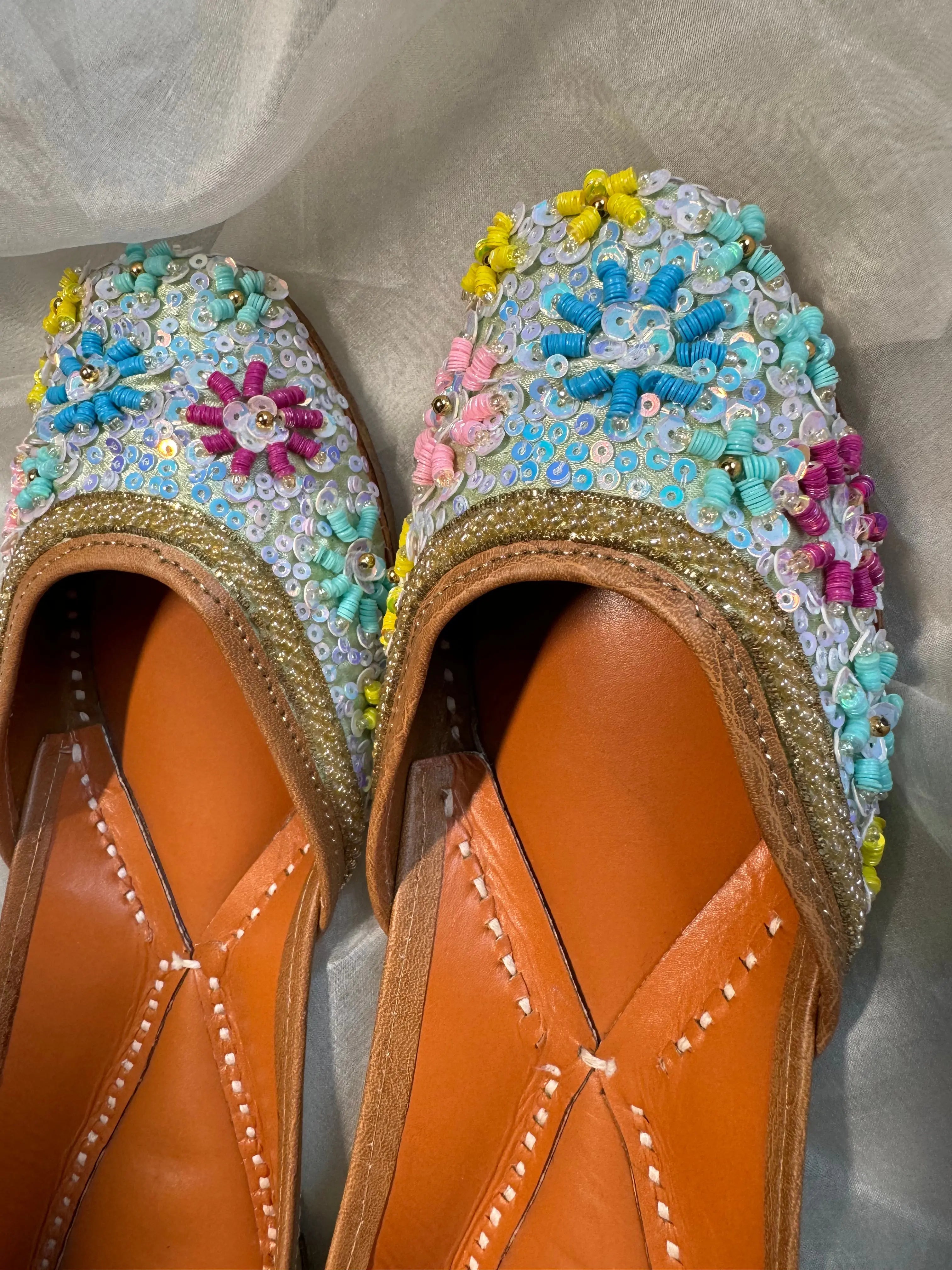 Embellished Hand crafted Mojaris - Pista Green ARIAA CHIKANKARI
