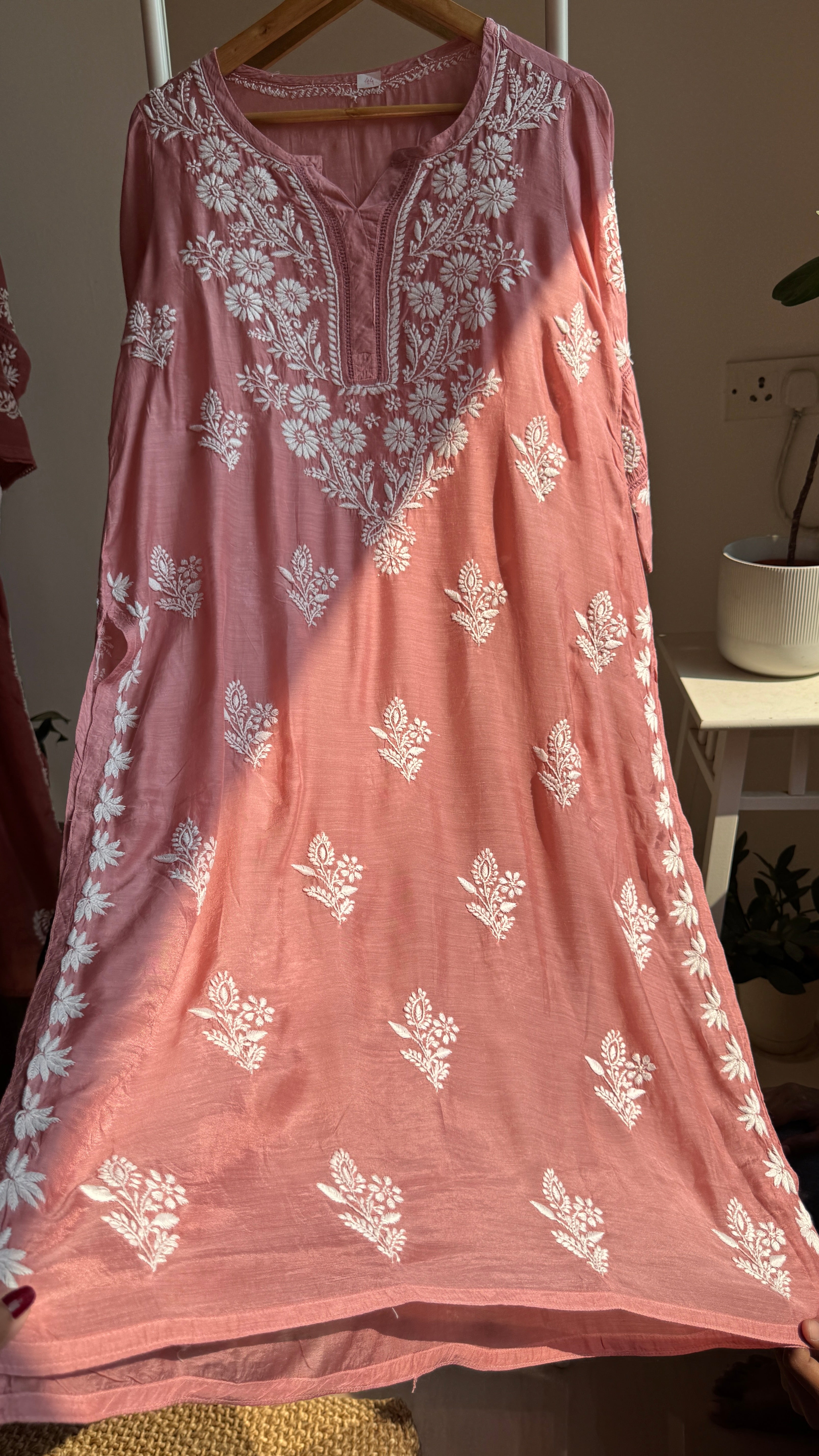 Muslin Chikankari Kurti with White Thread work - Rosewood - Gulzar Collection