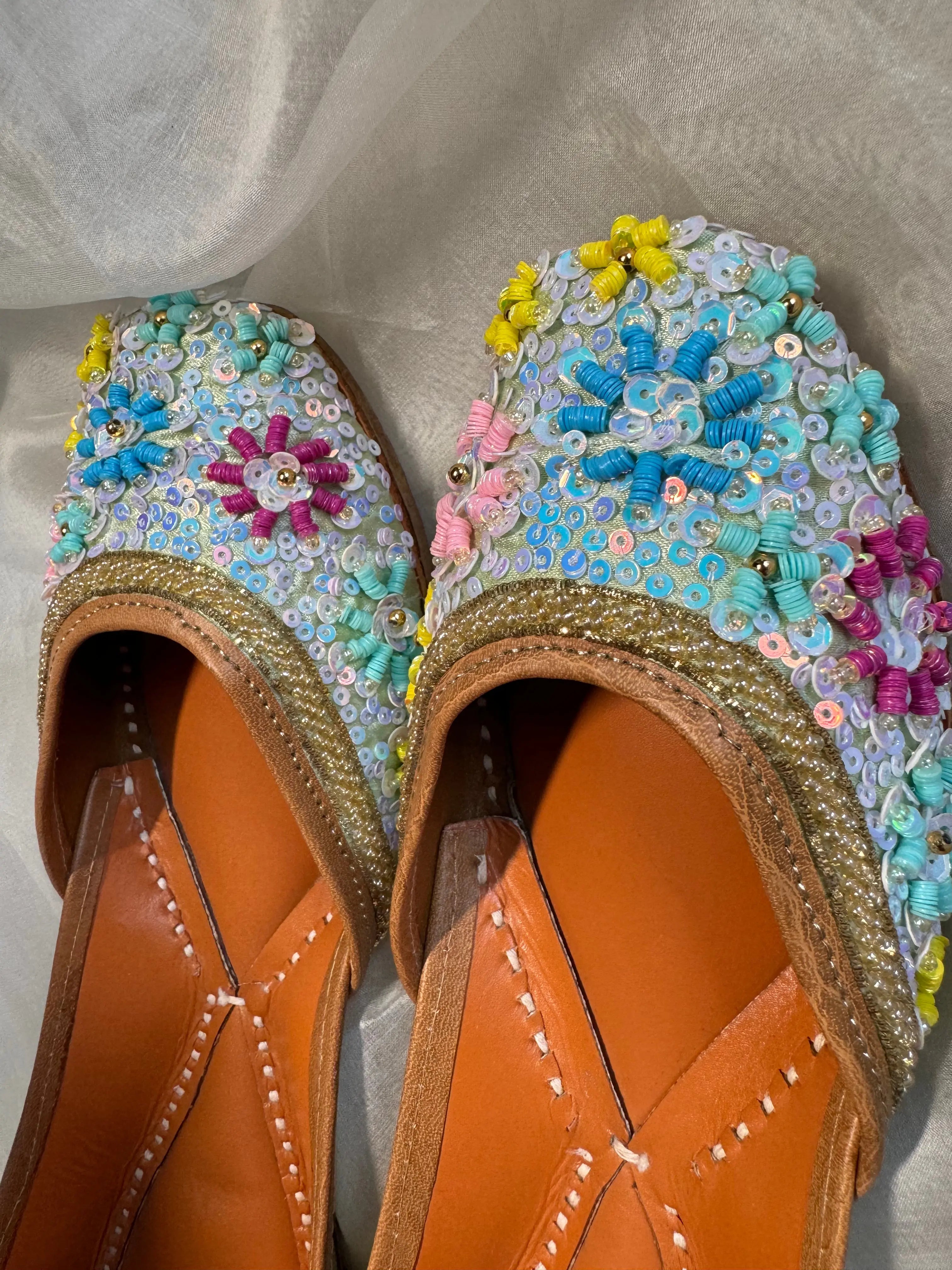 Embellished Hand crafted Mojaris - Pista Green ARIAA CHIKANKARI