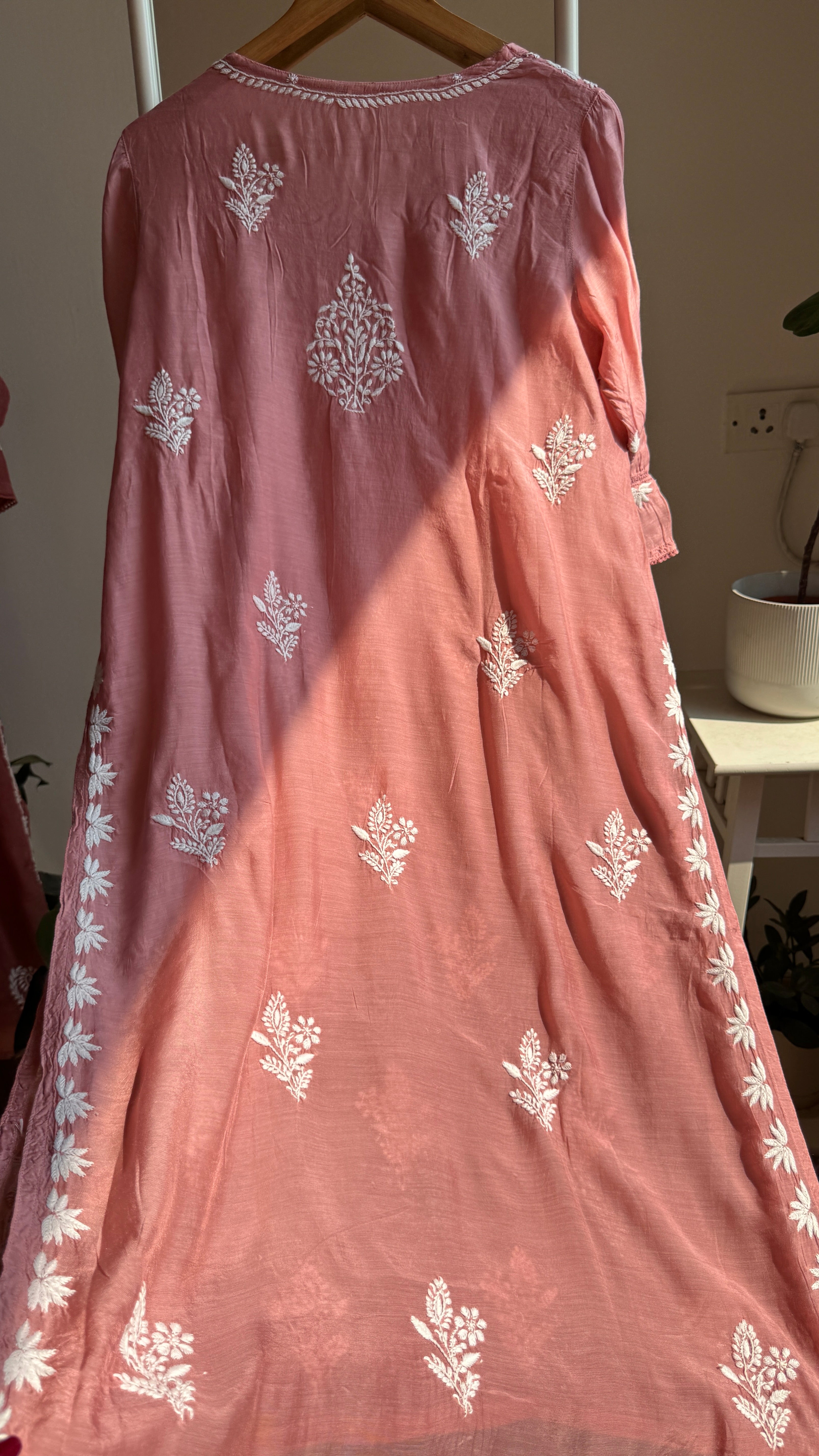 Muslin Chikankari Kurti with White Thread work - Rosewood - Gulzar Collection