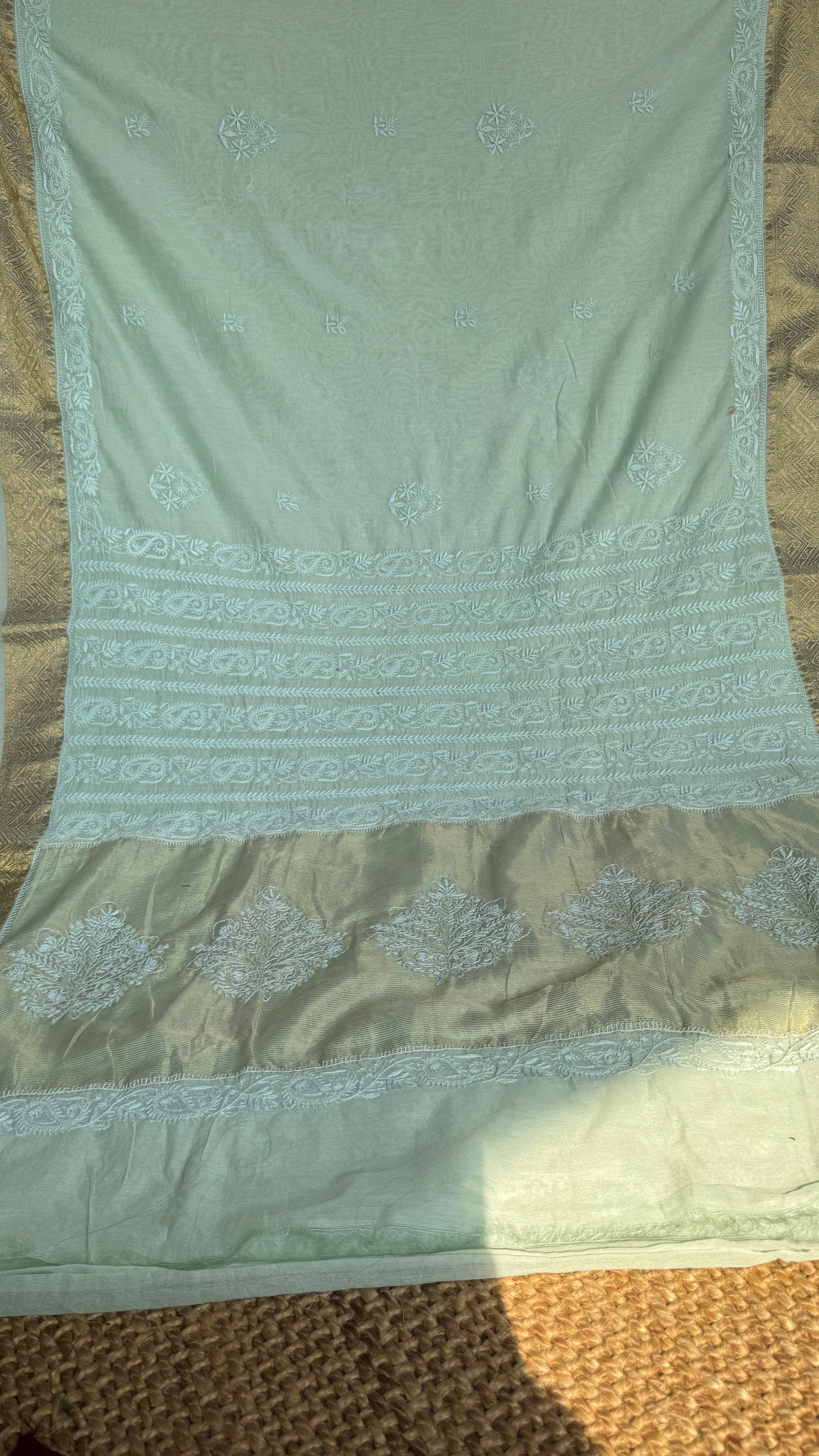 Chanderi Chikankari saree in Sea Green