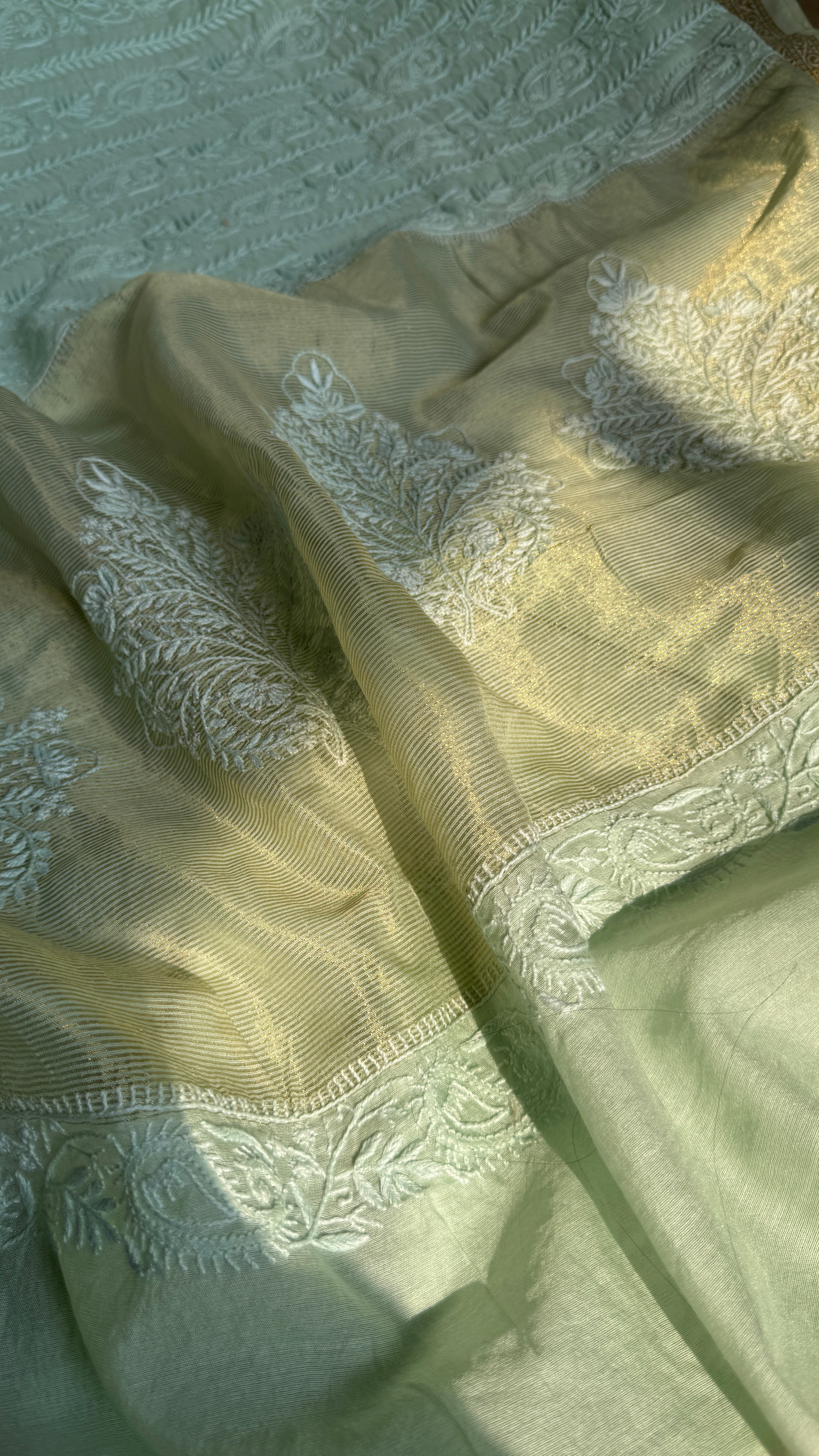 Chanderi Chikankari saree in Sea Green