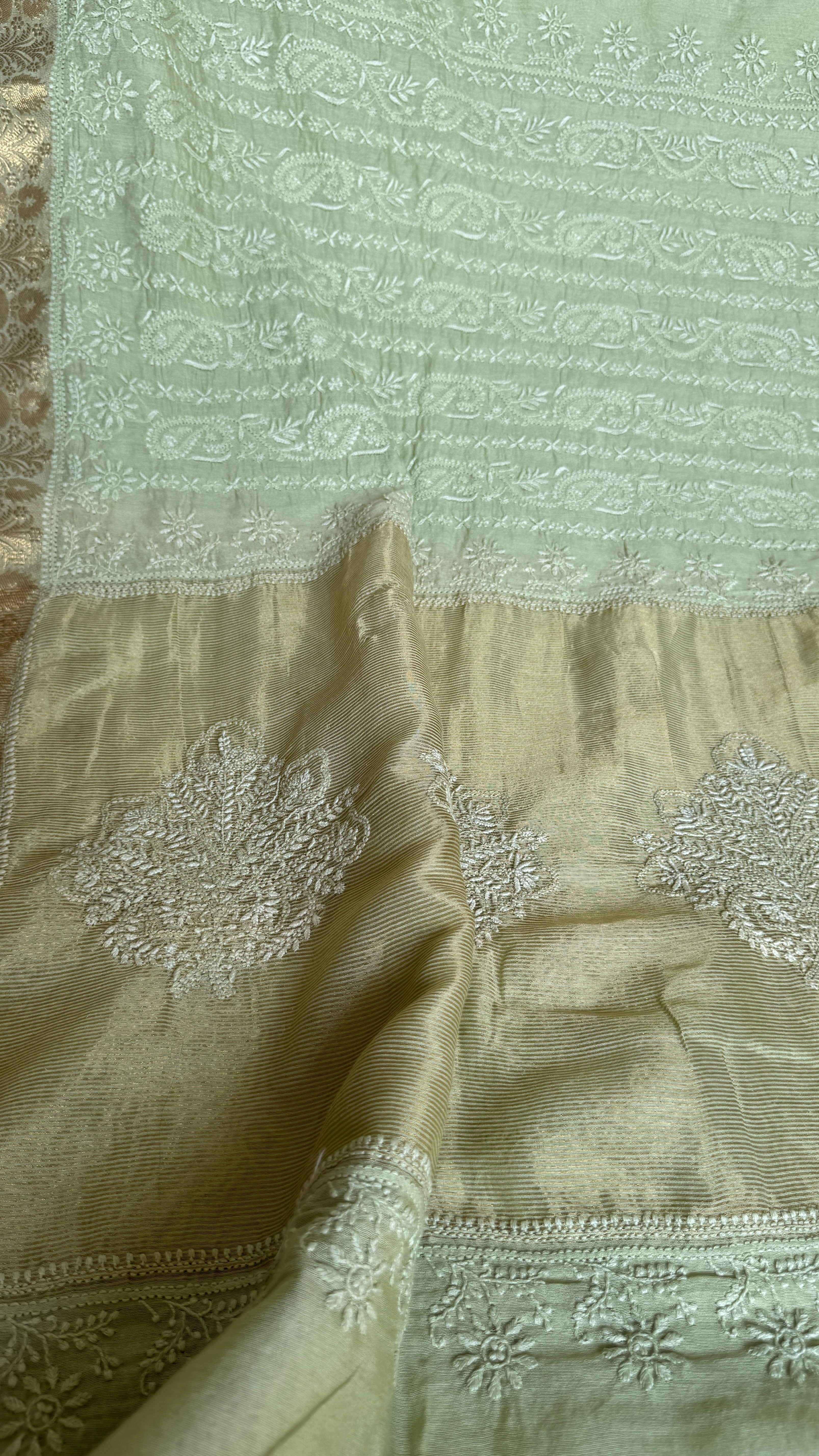 Chanderi Chikankari saree in Sheen Green
